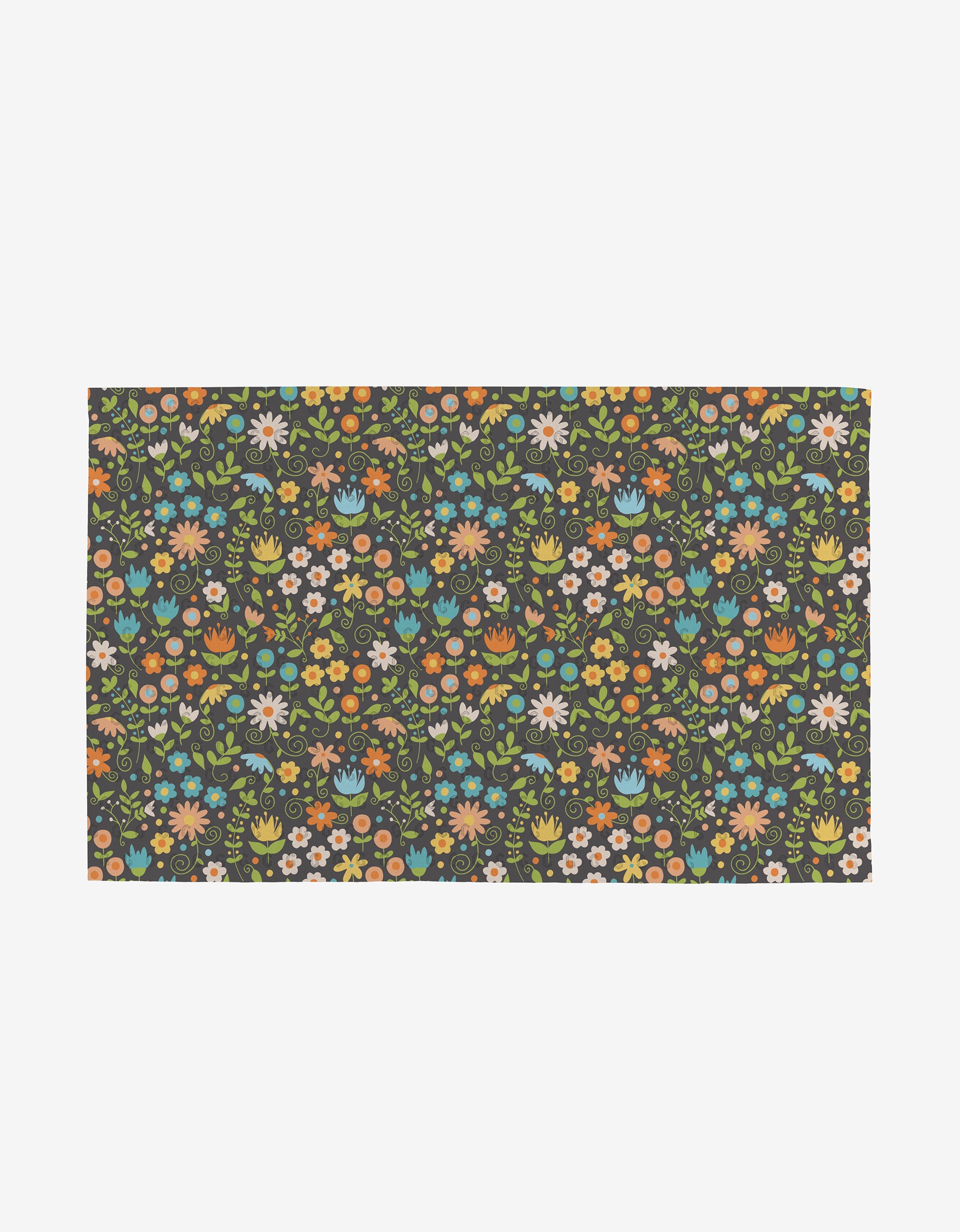 The Mindfulnice Mindful Medley is a reusable, eco-friendly rectangular mat with a dark background and a vibrant floral pattern in orange, yellow, blue, pink, white, and green—perfect alternative to paper towels.