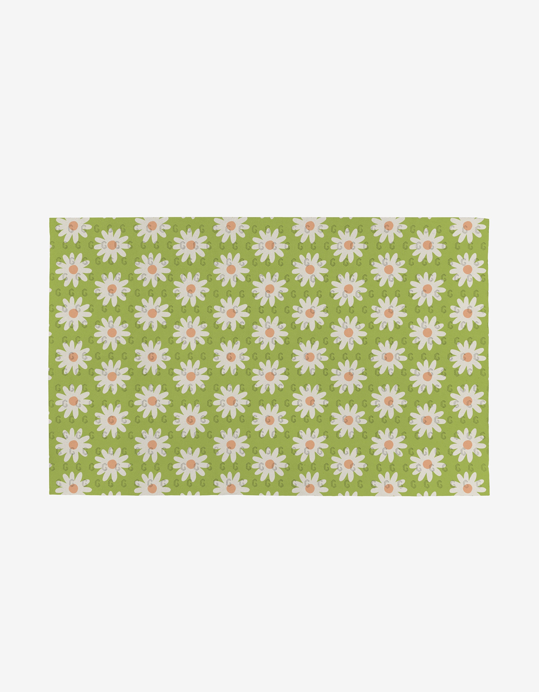 The Mindful Medley mat by Mindfulnice is rectangular and eco-friendly, showcasing a light green background with white and pink daisies arranged in neat rows.