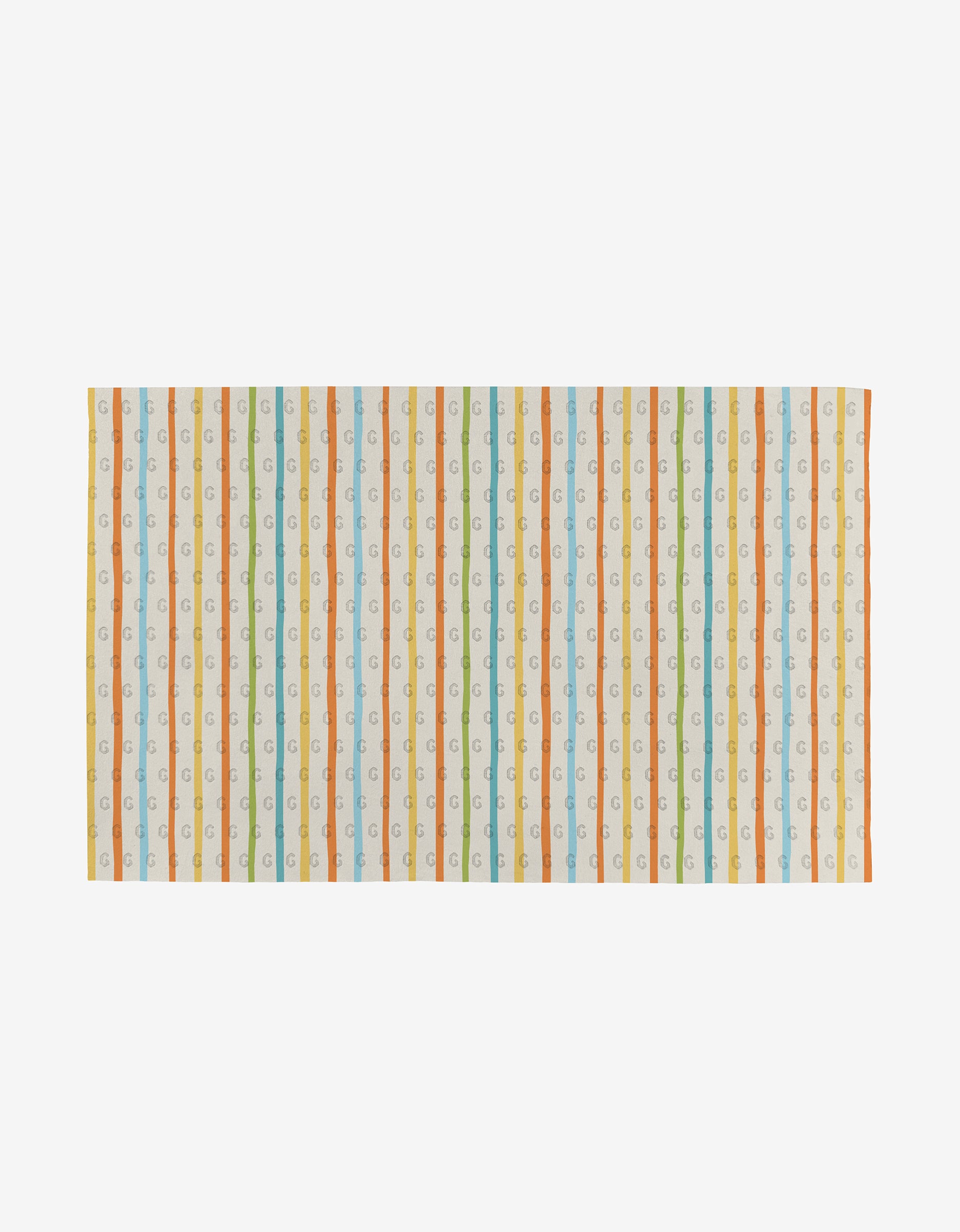 The Mindful Medley by Mindfulnice is a rectangular fabric towel with vertical stripes in orange, green, yellow, and light blue, plus a repeating small letter “G” on white. This reusable design offers an eco-friendly alternative to paper towels.