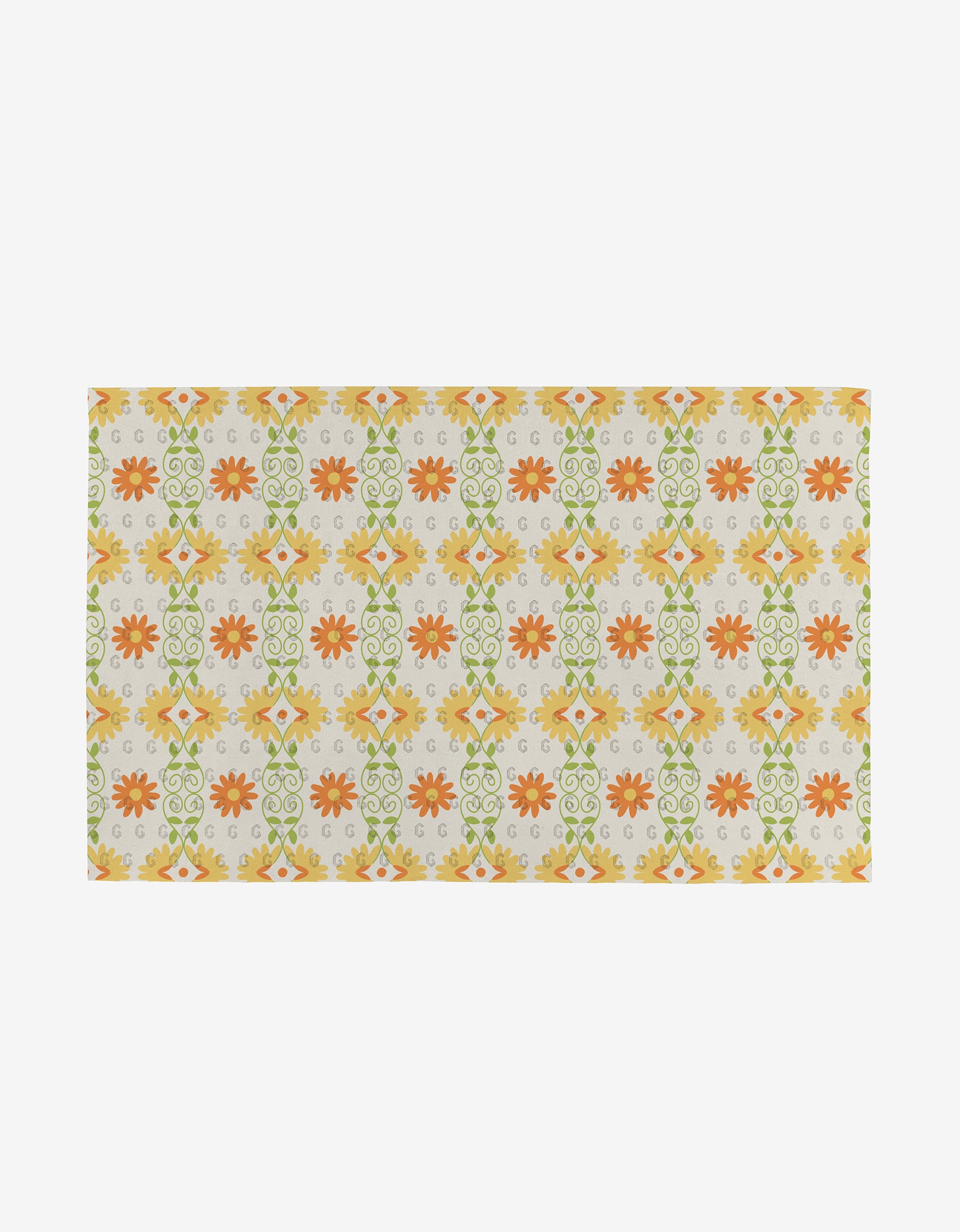 The Mindful Mix rug by Mindfulnice features a rectangular shape with orange, yellow, and green floral and geometric patterns on beige, made from eco-friendly recycled materials (not paper towels).