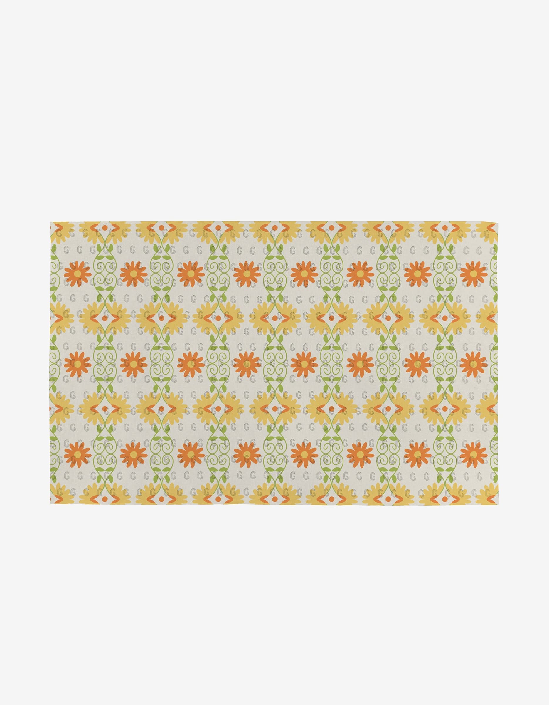 The Mindful Mix rug by Mindfulnice features a rectangular shape with orange, yellow, and green floral and geometric patterns on beige, made from eco-friendly recycled materials (not paper towels).