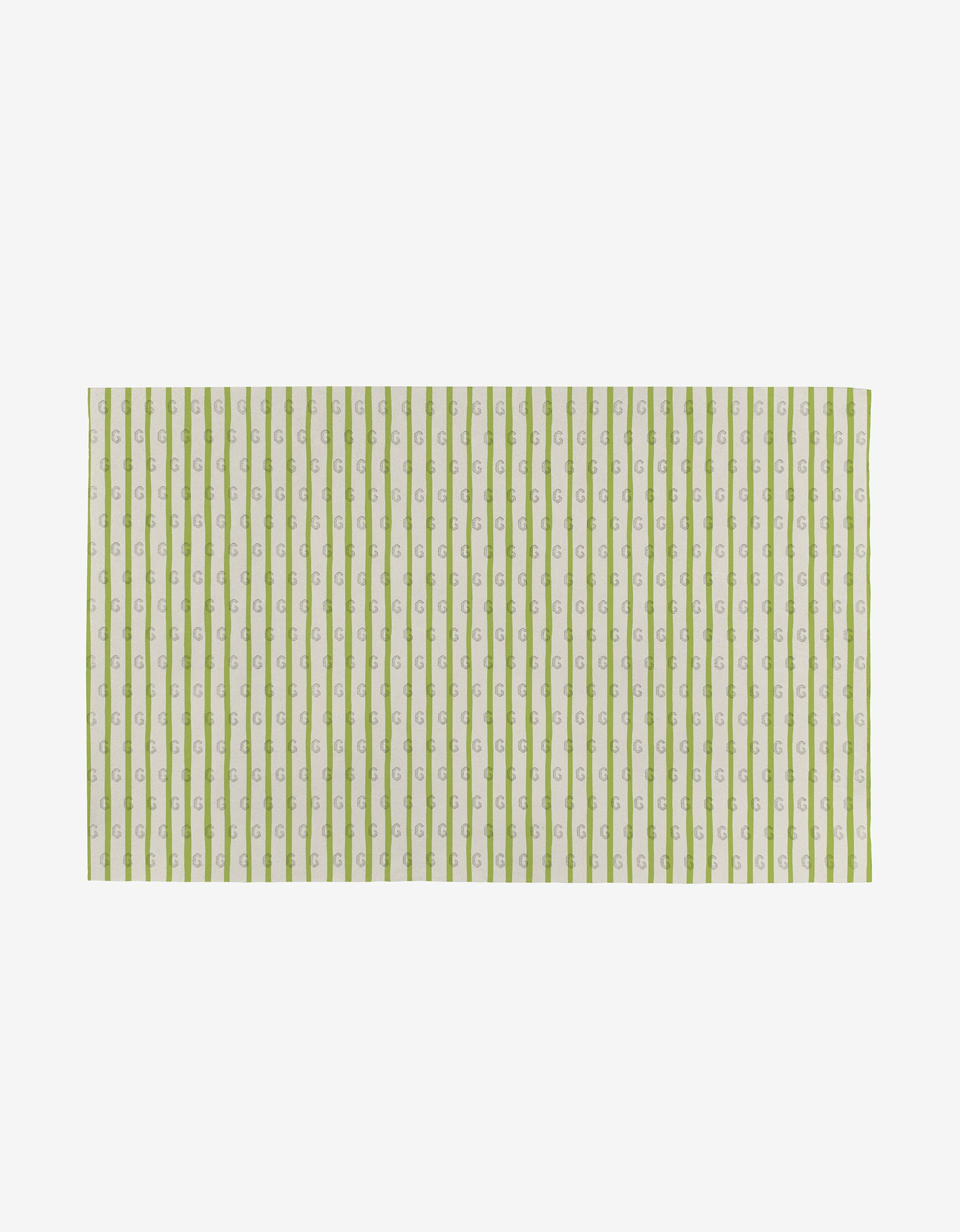 Mindfulnice’s Mindful Mix is a rectangular, eco-friendly fabric with vertical green and white stripes featuring a repeating lowercase g on the white stripes, all set against a plain white background.