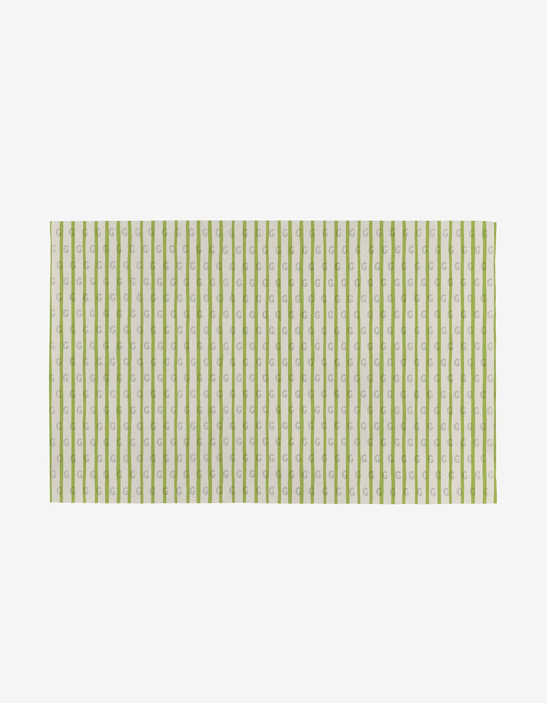 Mindfulnice’s Mindful Mix is a rectangular, eco-friendly fabric with vertical green and white stripes featuring a repeating lowercase g on the white stripes, all set against a plain white background.