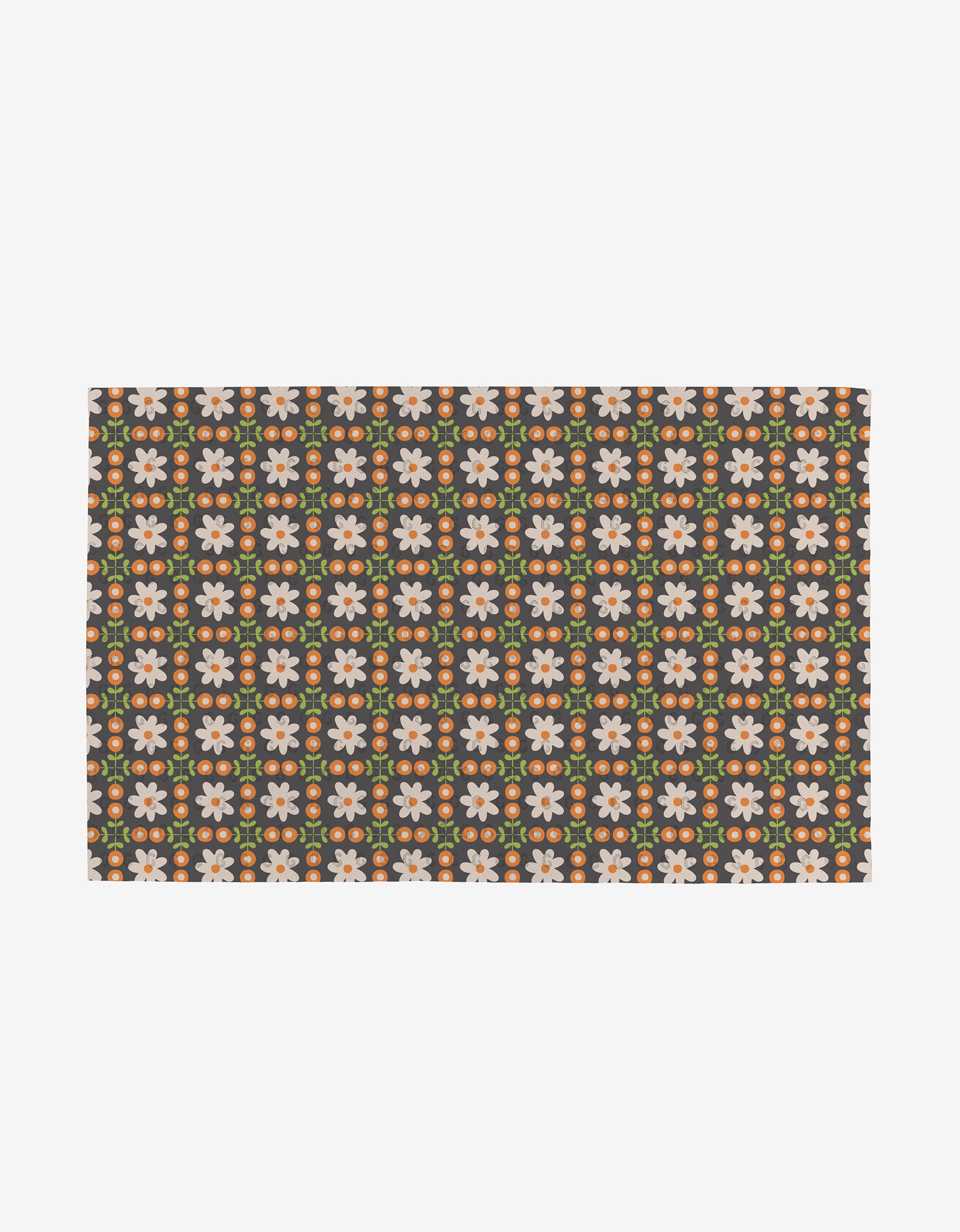 The Mindfulnice Mindful Mix mat features a grid of retro orange, white, and pink flowers on a dark background, crafted from eco-friendly post-consumer recycled materials.