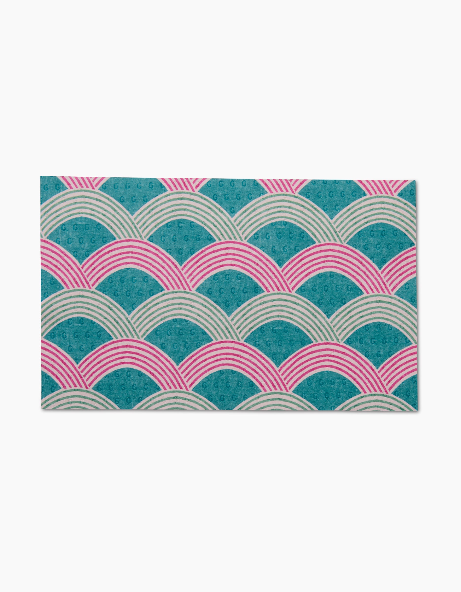 The Nalin mat by Amy MacCready features overlapping semi-circles in teal, pink, and white with striped lines and dot textures on a white background—crafted from recycled materials for an eco-friendly choice.