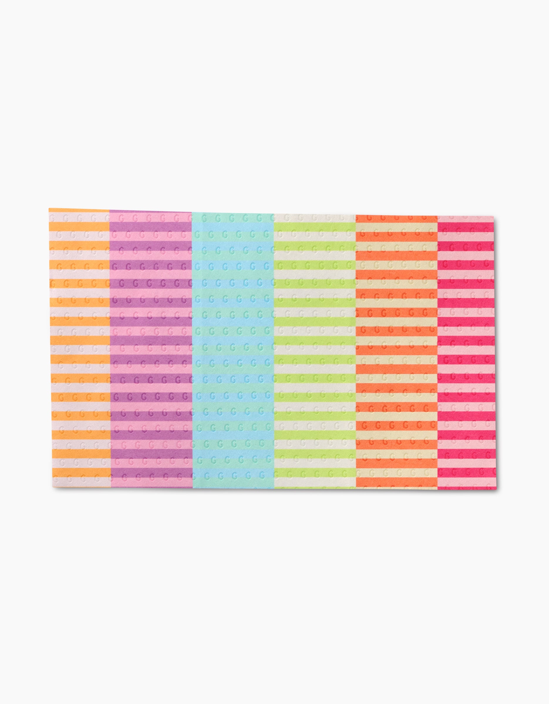 The GEOMETRY Neon Nights features a flat rectangular surface with rows of reusable LEGO bricks in vibrant stripes of orange, purple, blue, green, white, and pink—an eco-friendly alternative to paper towels!.