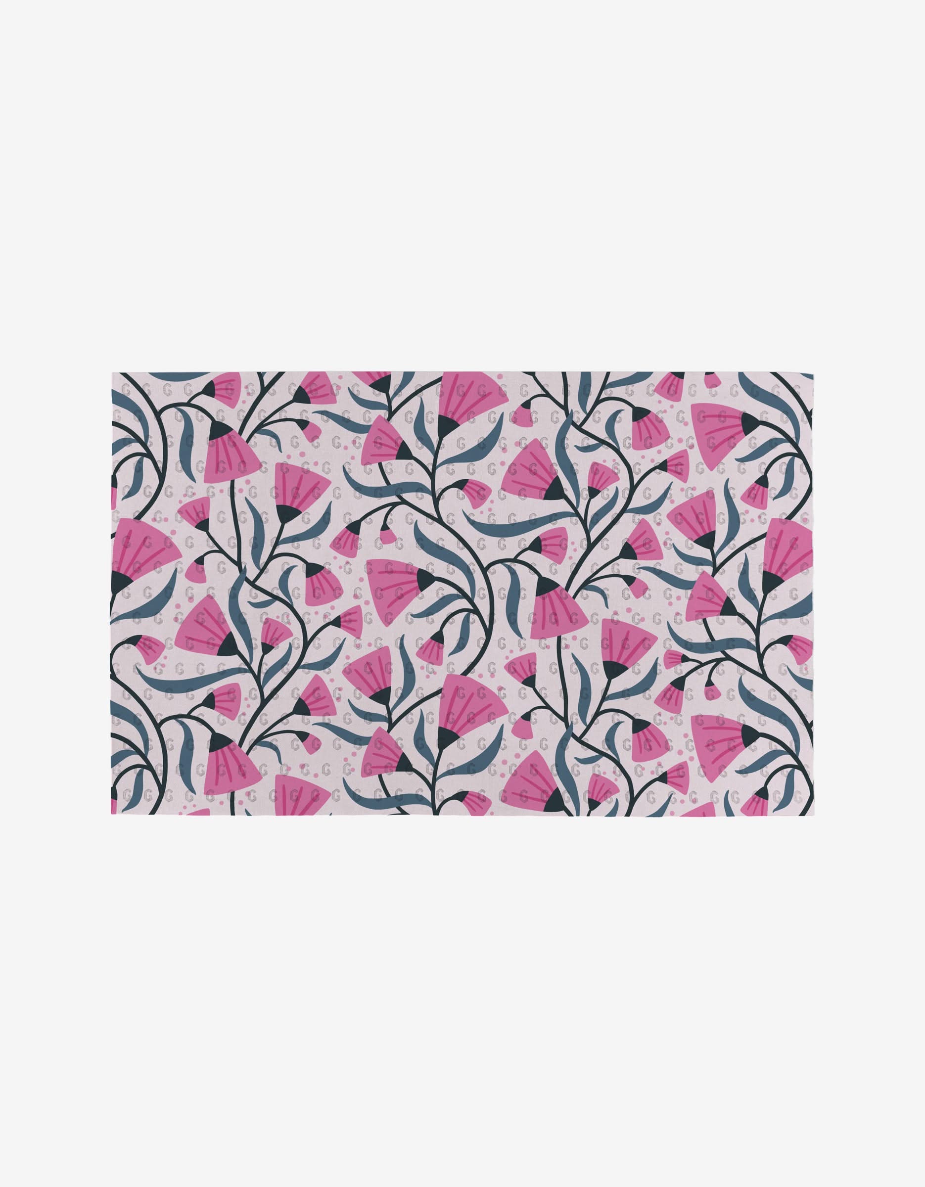 Petal Symphony by Anette Heiberg features a seamless pattern of dark blue leafy branches and pink fan-shaped flowers on a pale background—ideal for vibrant, reusable, eco-friendly Not Paper Towels.