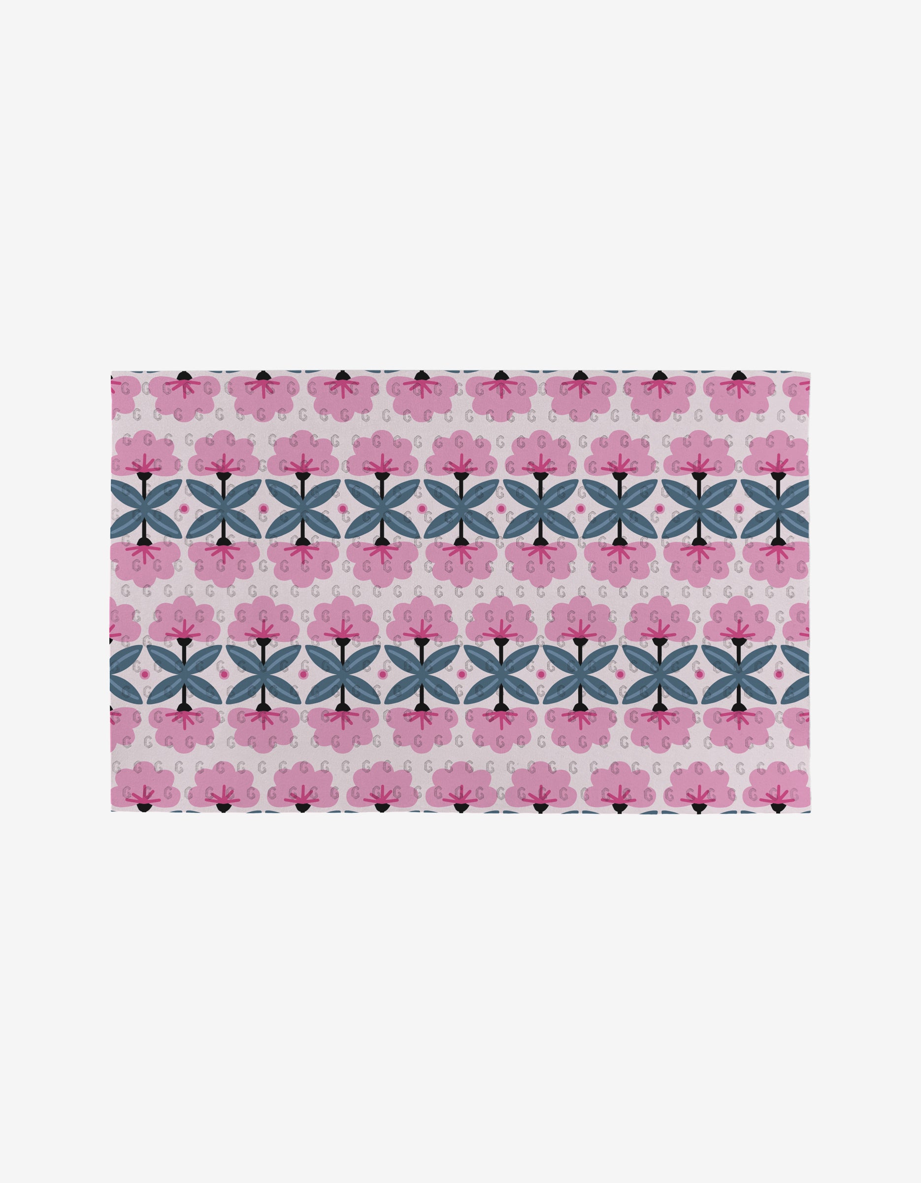 Petal Symphony by Anette Heiberg: a reusable, eco-friendly mat adorned with blue and pink butterflies and swirling accents on white—a stylish alternative to Not Paper Towels.