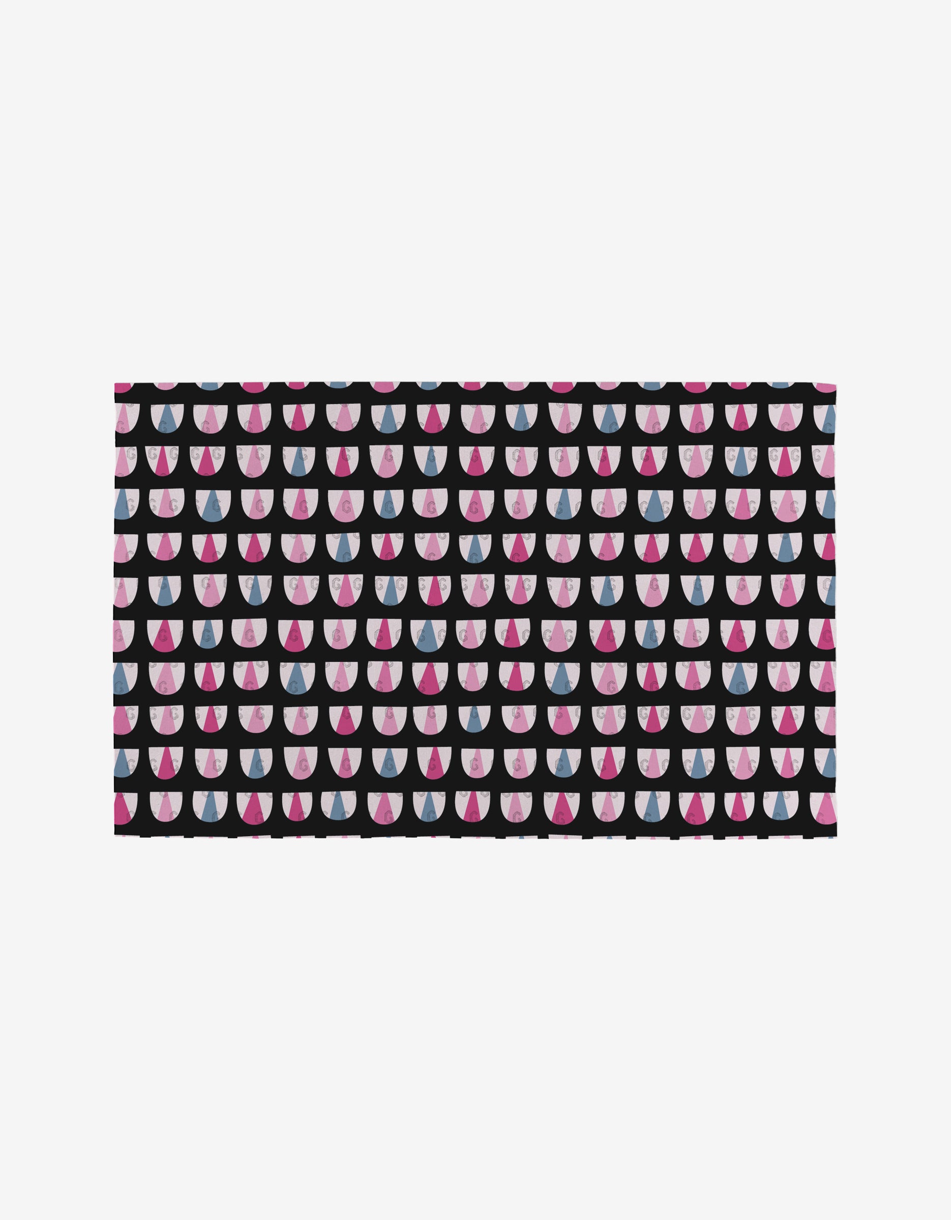 Petal Symphony by Anette Heiberg is a reusable rectangular fabric with a repeating pattern of pink, white, gray, and red half-circles on black—a stylish, eco-friendly alternative to Not Paper Towels.