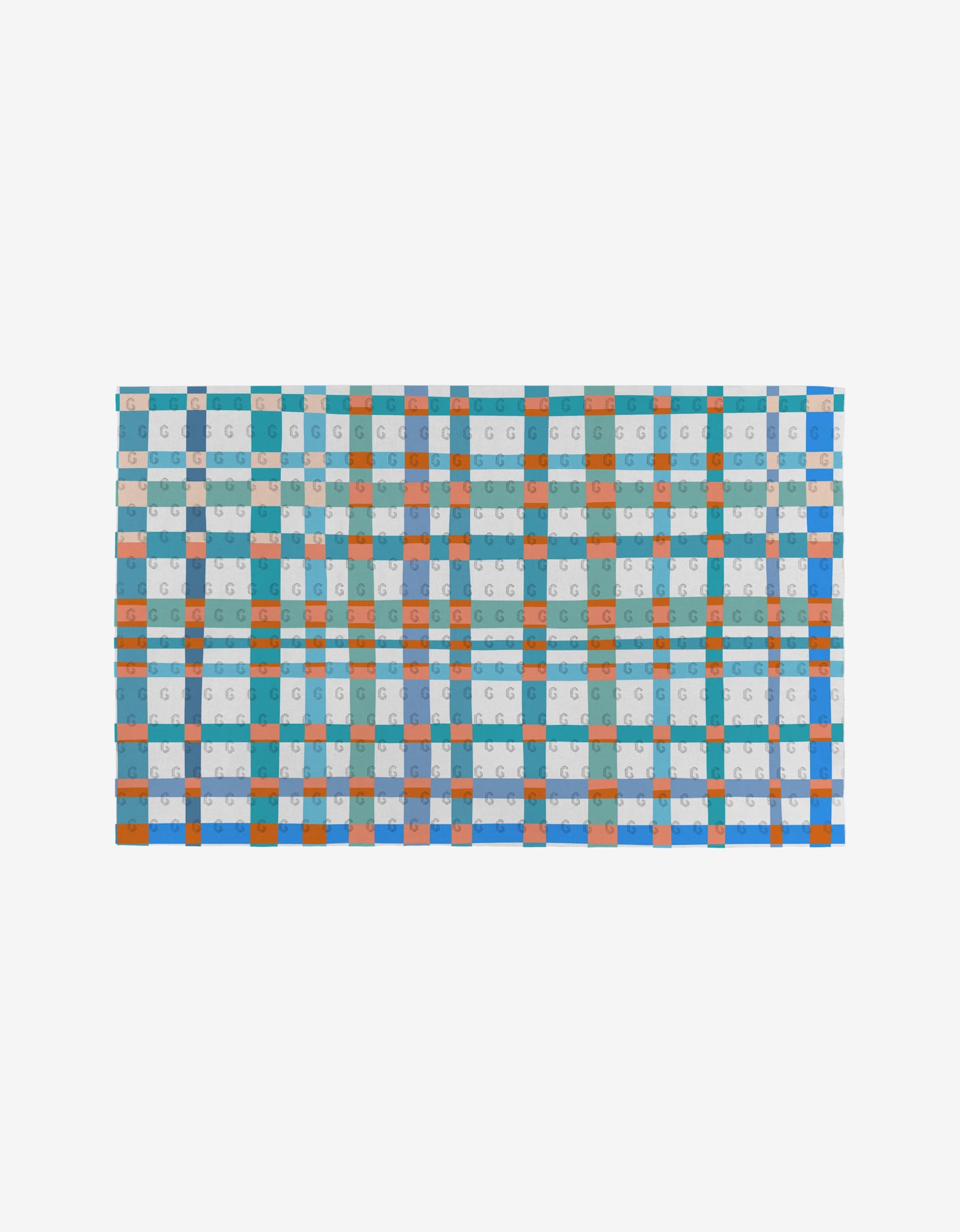 Picnic Perfect by Rachel Parker: a flat, rectangular grid of blue, orange, and white checkerboard paper strips woven from post-consumer recycled materials, shown against a plain white background.