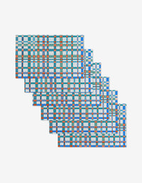 Picnic Perfect by Rachel Parker is a digital artwork with six overlapping rectangular grids of blue, orange, white, and teal squares—evoking eco-friendly tiles—arranged in a step-like pattern on a white background.