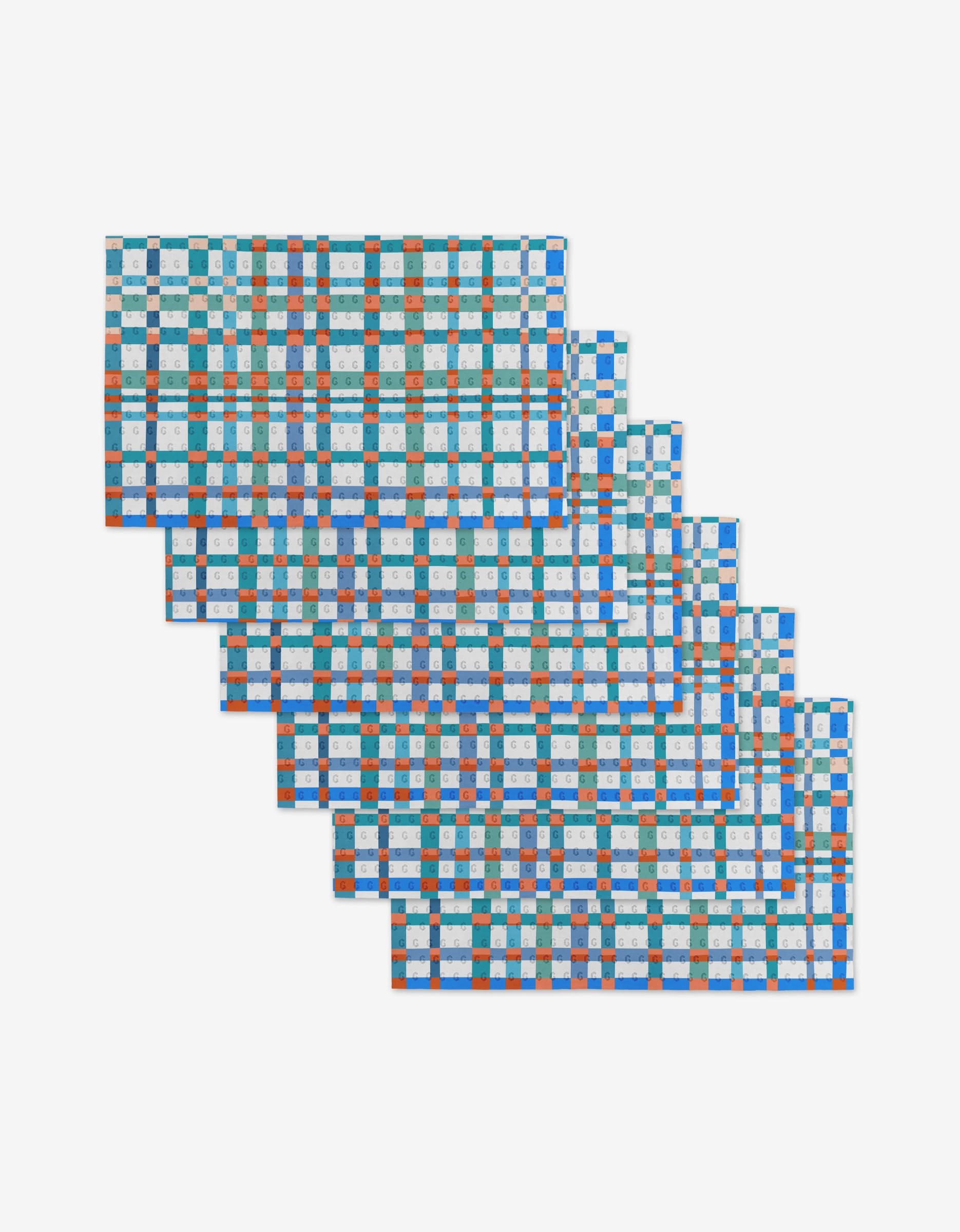 Picnic Perfect by Rachel Parker is a digital artwork with six overlapping rectangular grids of blue, orange, white, and teal squares—evoking eco-friendly tiles—arranged in a step-like pattern on a white background.