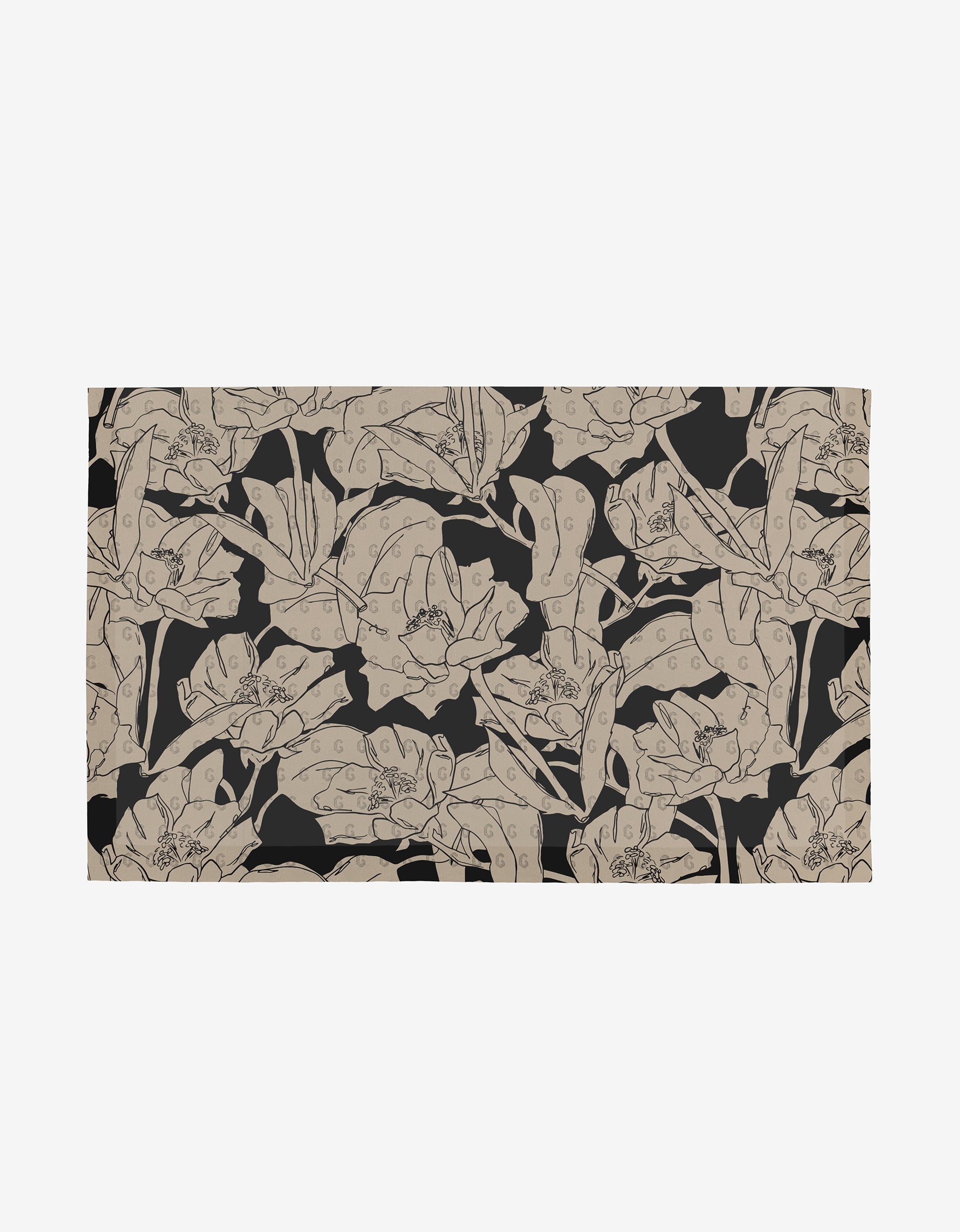 A seamless, dense botanical pattern of beige hand-drawn flowers and leaves on black showcases eco-friendly style—perfect for Aubrey Fairchild’s Plant One on Me Not Paper Towels made from post-consumer recycled materials.