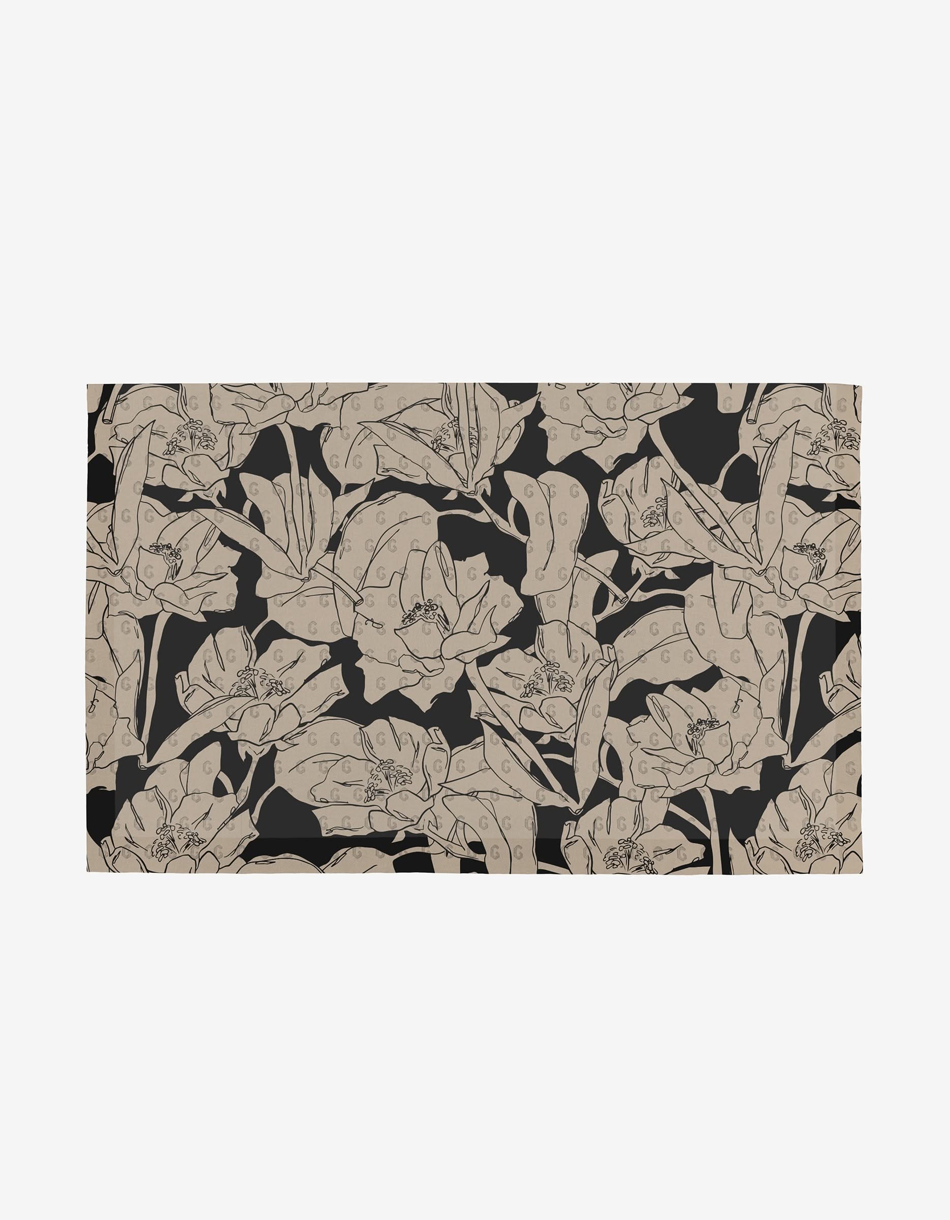 A seamless, dense botanical pattern of beige hand-drawn flowers and leaves on black showcases eco-friendly style—perfect for Aubrey Fairchild’s Plant One on Me Not Paper Towels made from post-consumer recycled materials.