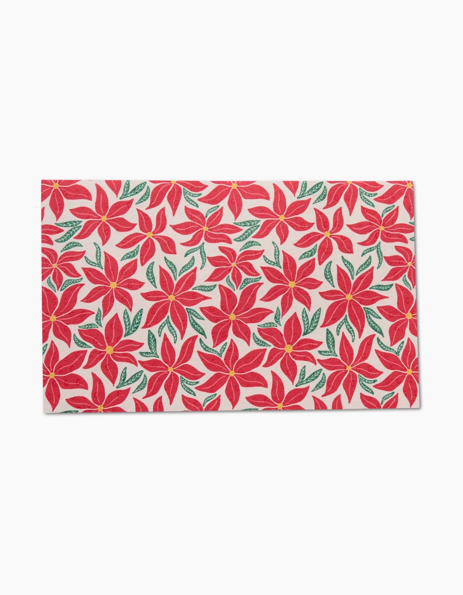 The Kayla Ann Poinsettia Party sheet features red poinsettias with green leaves on white and is machine-washable—a festive, eco-friendly alternative to disposables.