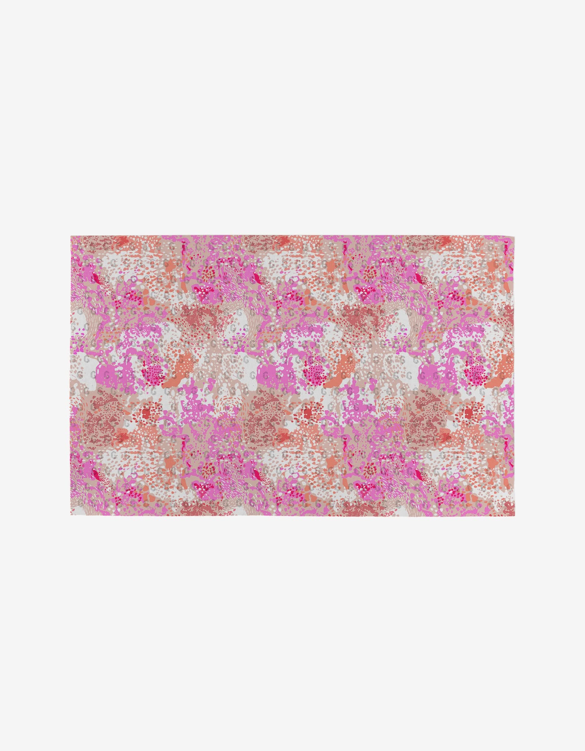 Rawhide by Elisabeth Wing is an eco-friendly rectangular fabric featuring an abstract floral pattern in pink, red, orange, and white, shown on a plain white background.