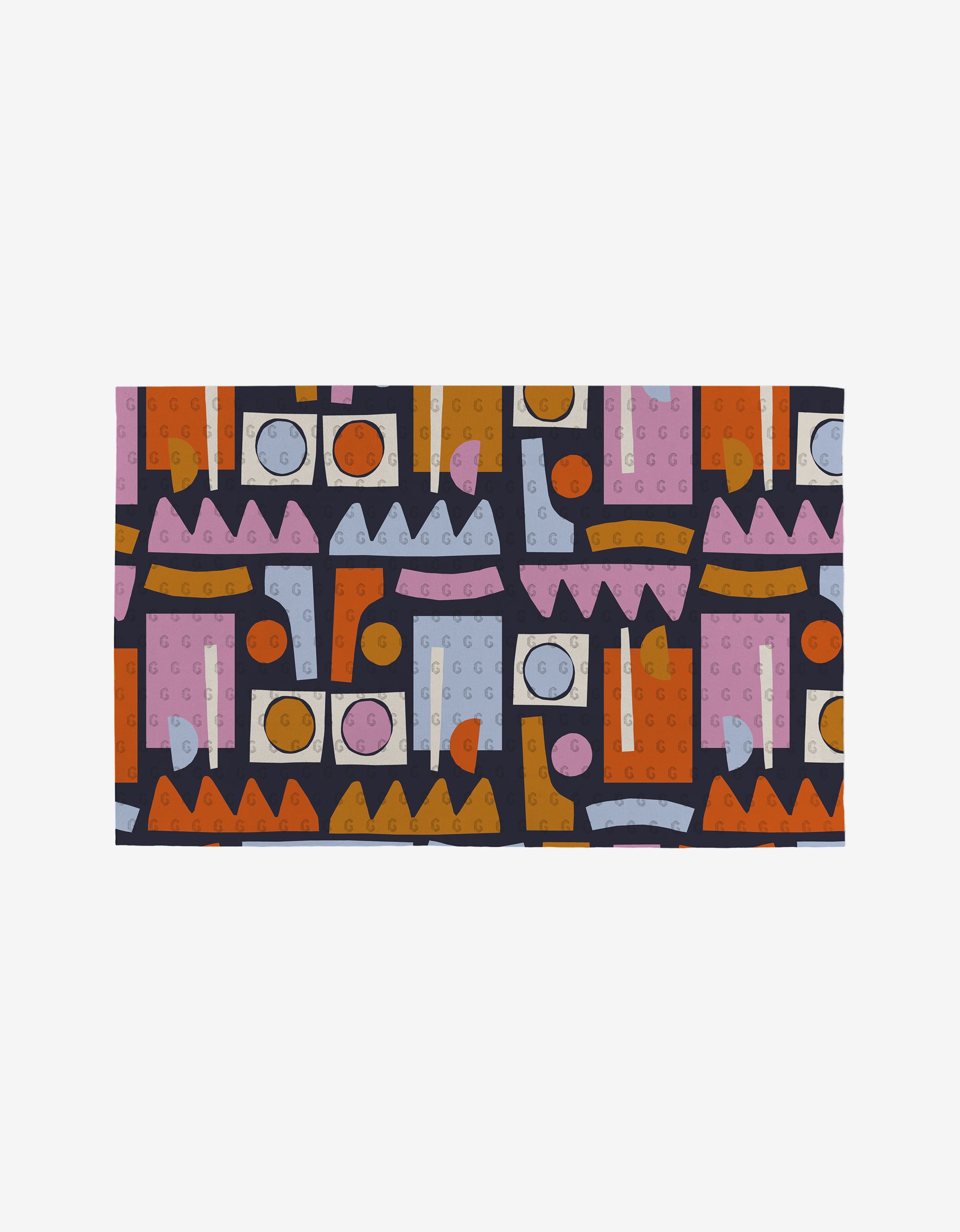 Retro Shapes Fiesta by Claire Iglesias features bold rectangles, circles, and zigzags on a dark backdrop with subtle dot texture. Made using post-consumer recycled materials, it’s an eco-friendly design choice.