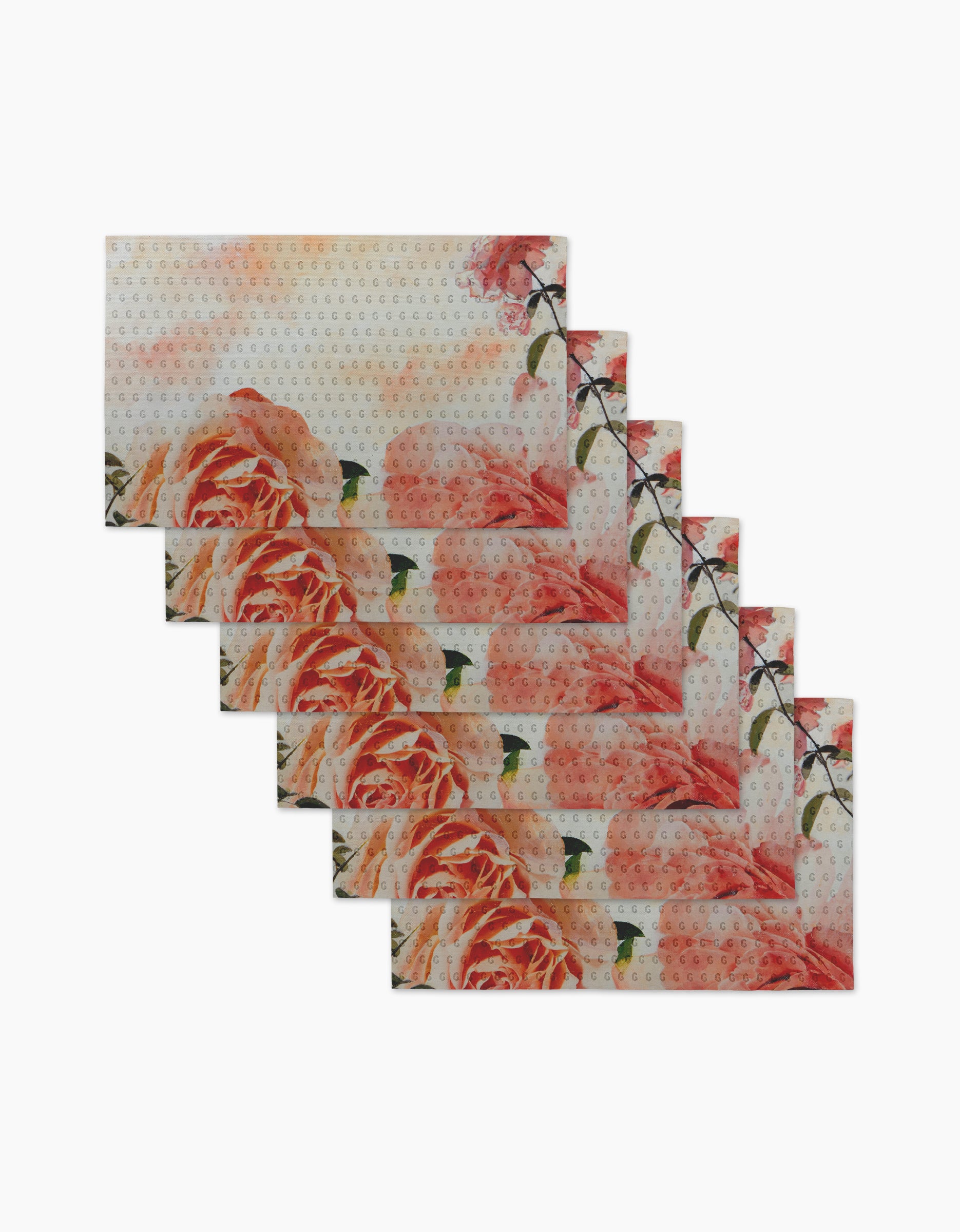 Six “Rhapsody in Bloom” rectangular placemats by Stefanie Bales feature pink and orange roses with green leaves on a light, polka-dotted background—an eco-friendly kitchen towel alternative to paper towels.