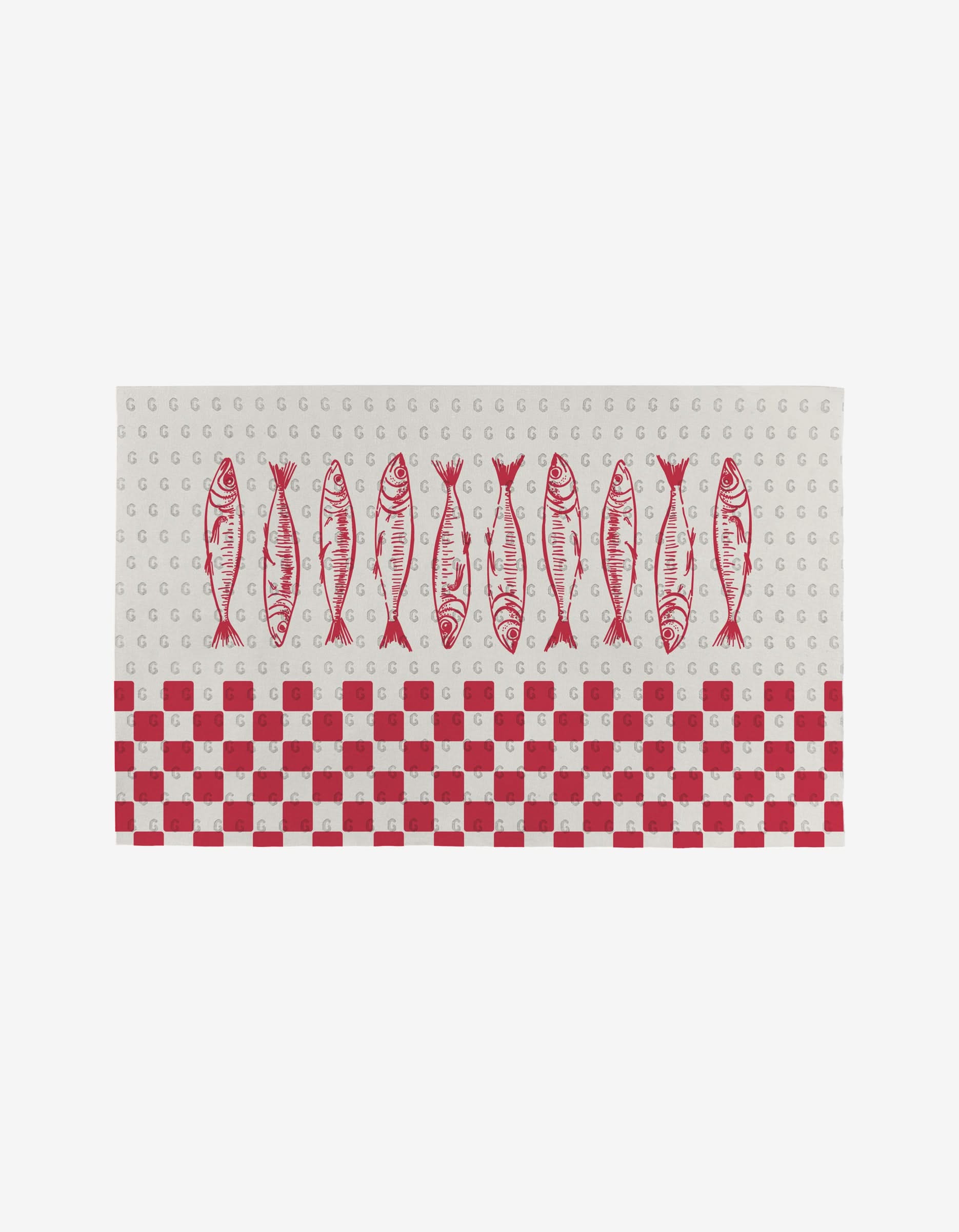 The Hufton Studio Sardine Check Red is a rectangular cloth made from eco-friendly recycled materials, showcasing red fish above a red and white checkerboard on a light gray background with small repeating Gs.
