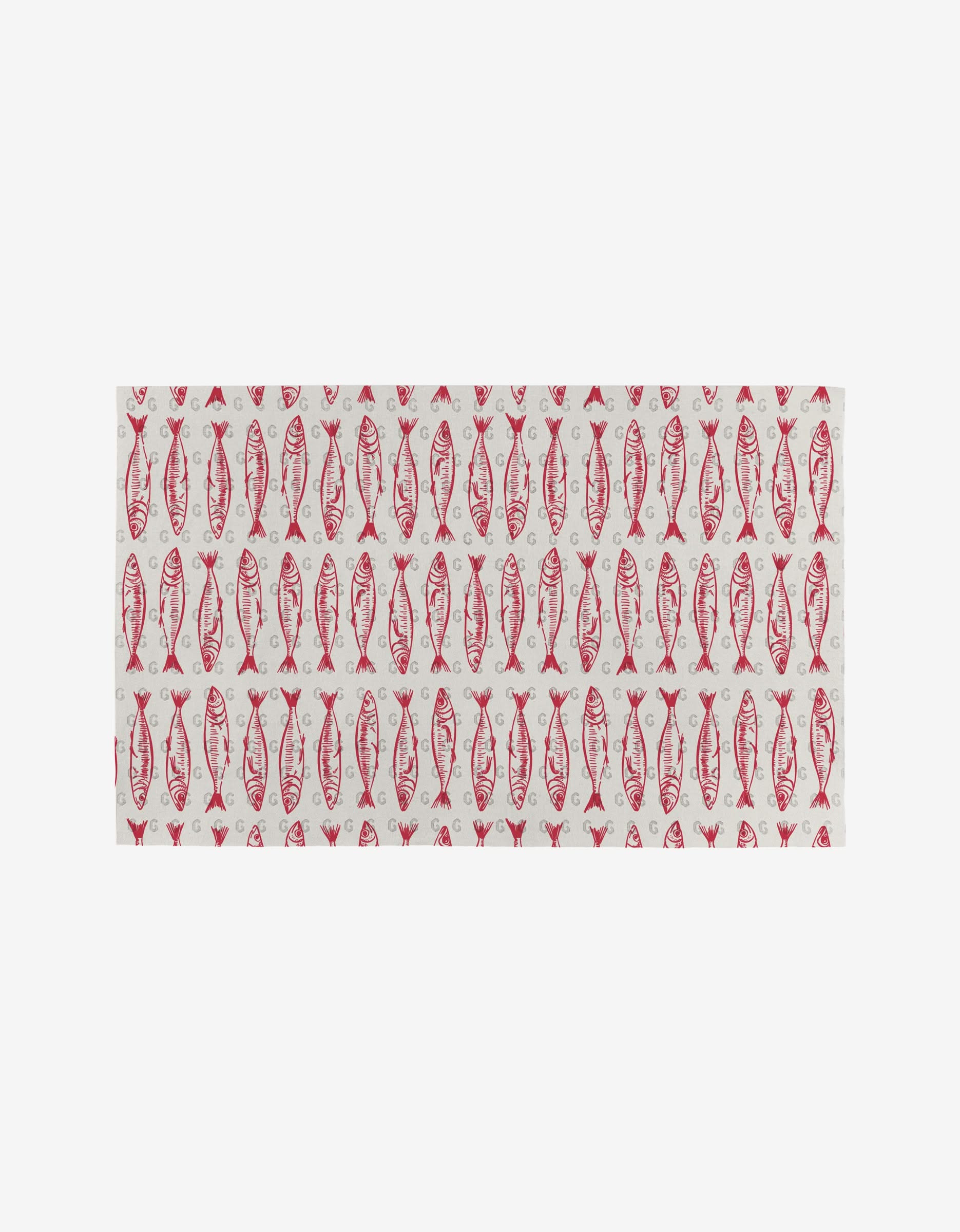 Sardine Check Red by Hufton Studio is a rectangular cloth with a repeating red fish design on white, created as an eco-friendly alternative to reusable paper towels.