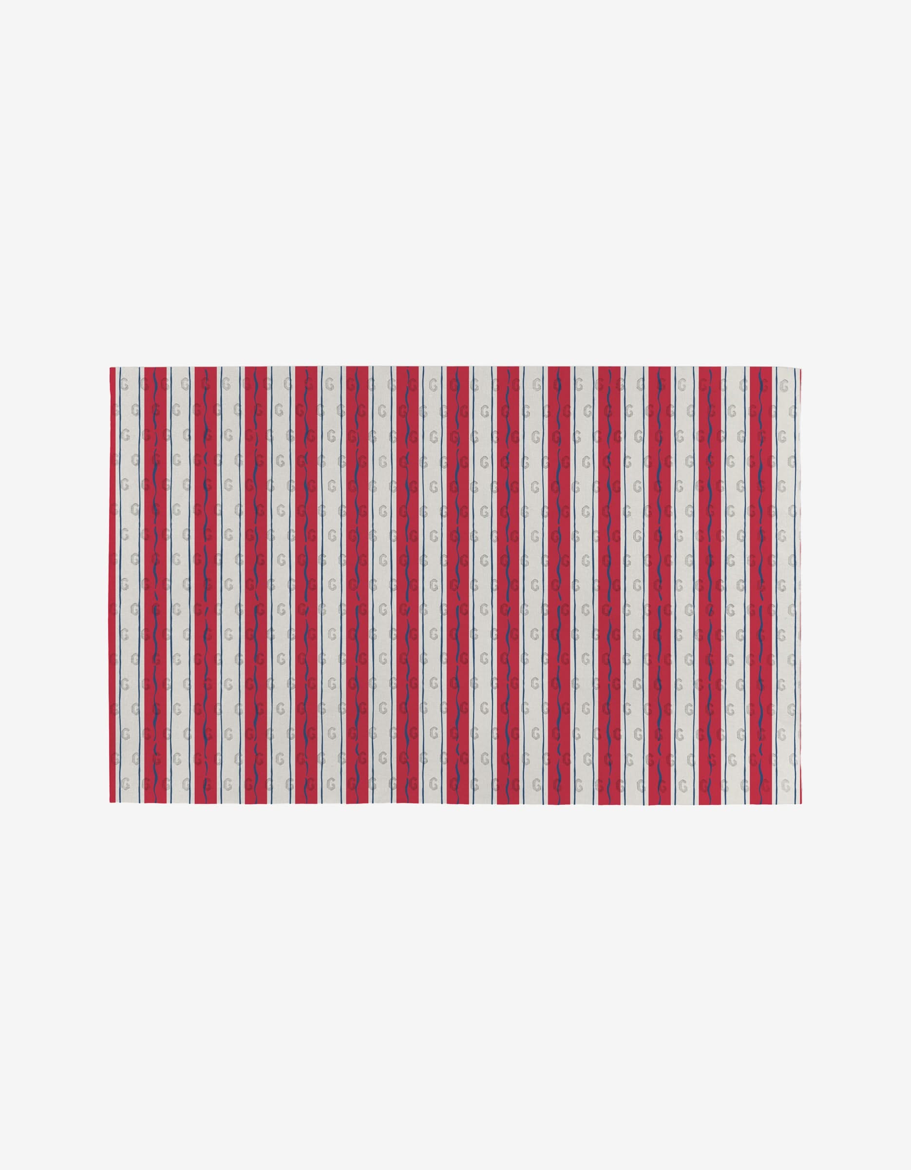 The Sardine Check Red towel by Hufton Studio features vertical red, white, and blue stripes—some with a repeating small logo—on a plain white background. Made from post-consumer recycled materials, it’s an eco-friendly choice.