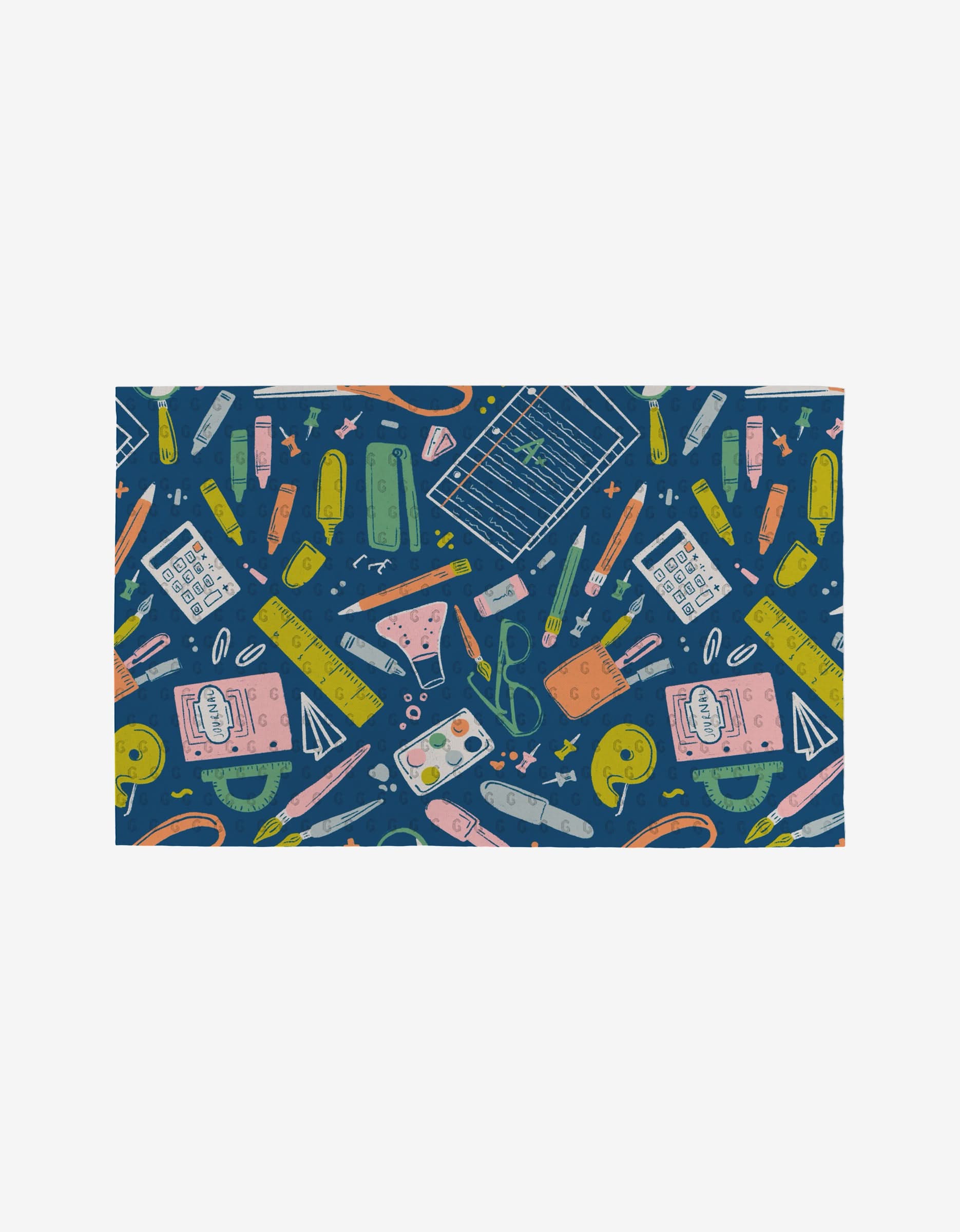 School Days by Amy MacCready features a vibrant array of notebooks, pencils, rulers, and calculators—crafted from post-consumer recycled materials—set against a deep blue background for an eco-friendly touch.
