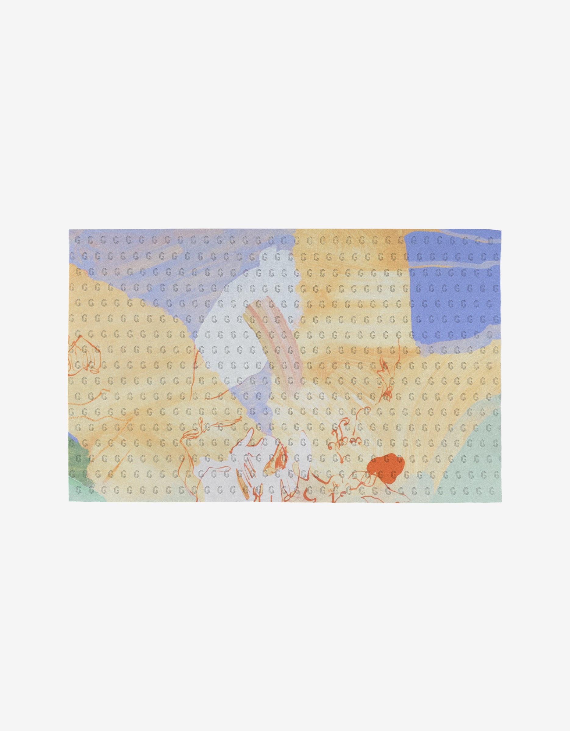 Secret Fort by Kristina Baker is a rectangular cloth crafted from post-consumer recycled materials, showcasing a pastel abstract design in blue, yellow, green, and beige with orange animal line drawings and subtle circular patterns.