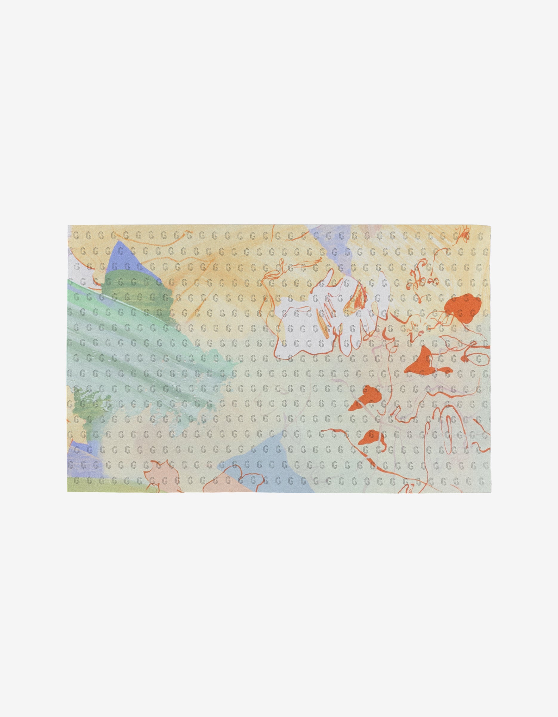 The Secret Fort towel by Kristina Baker is a rectangular, multicolored abstract design in green, orange, blue, and beige with small circular patterns, crafted from post-consumer recycled materials and shown on a white background.