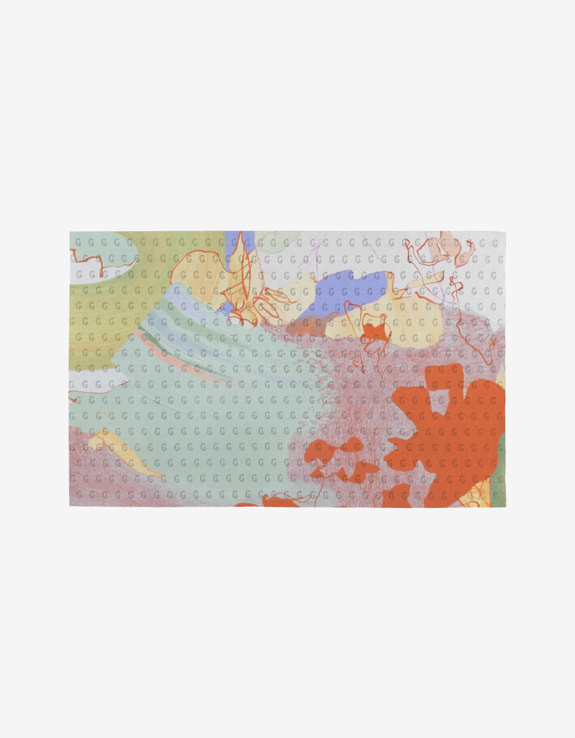 The Secret Fort by Kristina Baker is a rectangular, reusable mat with a colorful abstract pattern of red, yellow, blue, and green shapes on a light background. Made from eco-friendly materials, it features a textured surface with small circular bumps.