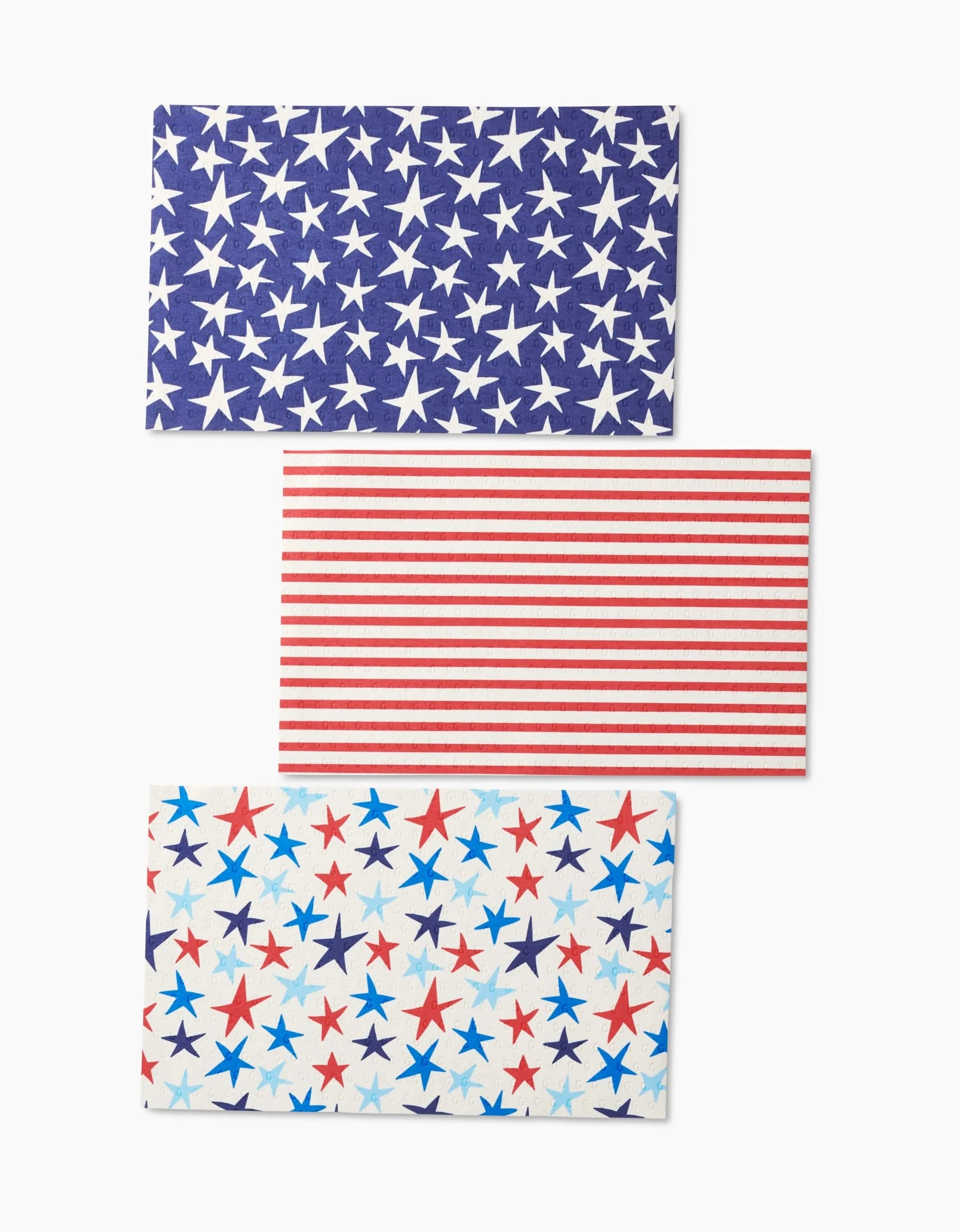 Mindfulnice’s Seeing Stars set includes three U.S.A.-themed Not Paper Towels: blue with white stars, red and white stripes, and white with red, blue, and light blue stars—made from post-consumer recycled materials.