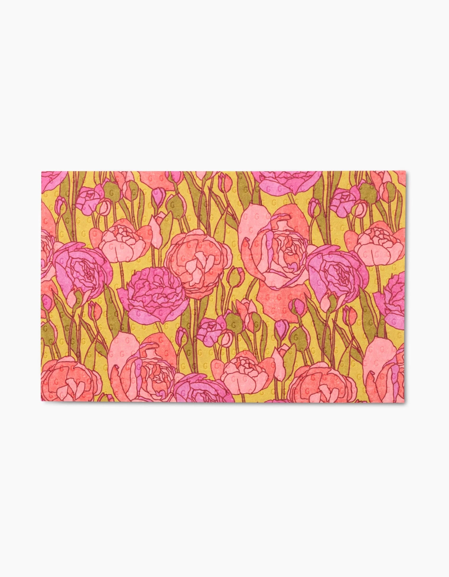 The Sidney mat by Amy MacCready showcases a vibrant floral pattern with pink, purple, and red flowers on green stems over a warm yellow background—crafted from recycled materials for an eco-friendly touch.