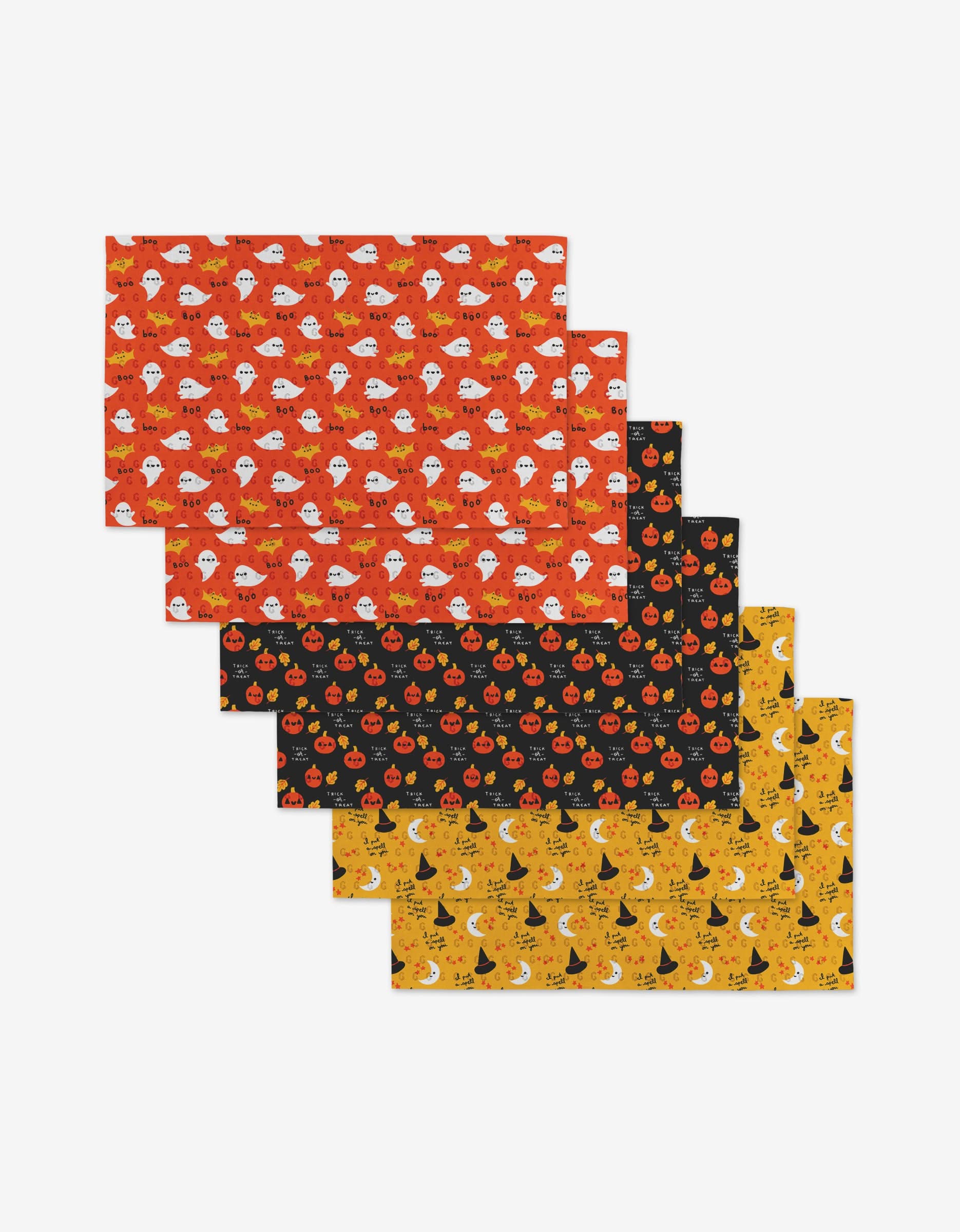 Spooky Season by Genna Blackburn includes six eco-friendly wrapping paper sheets with ghost, pumpkin, and witch hat patterns on vibrant backgrounds, made from post-consumer recycled materials.