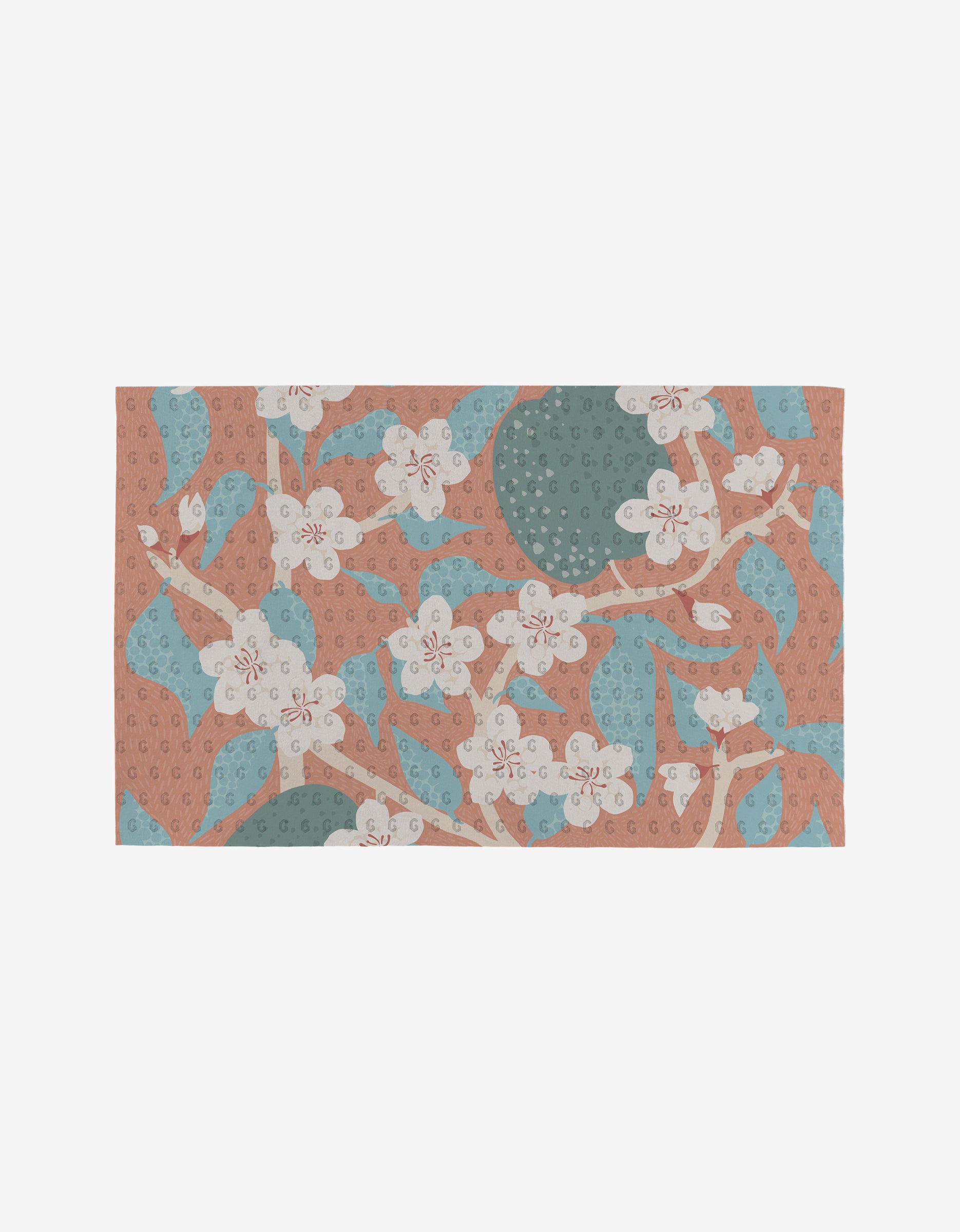 The State Flowers reusable mat by Julianne Haness features white blossoms on light brown branches over blue and muted pink shapes with dotted textures—an eco-friendly alternative to Not Paper Towels.