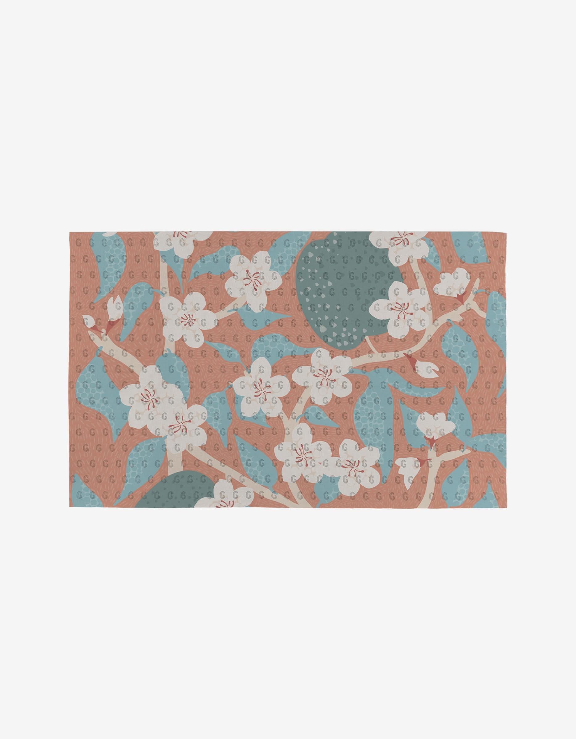 The State Flowers reusable mat by Julianne Haness features white blossoms on light brown branches over blue and muted pink shapes with dotted textures—an eco-friendly alternative to Not Paper Towels.