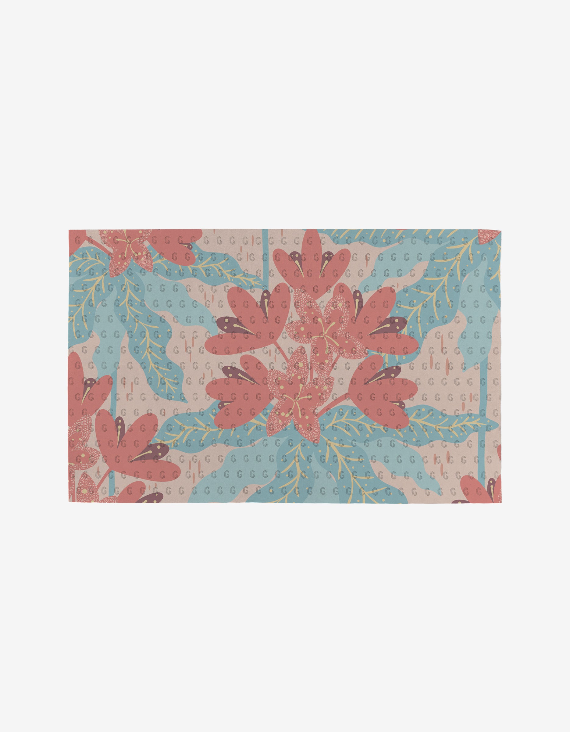The State Flowers rug by Julianne Haness is a rectangular, eco-friendly piece featuring large red-pink flowers, blue leaves, and green stems on a light beige background with a subtle repeating G motif.