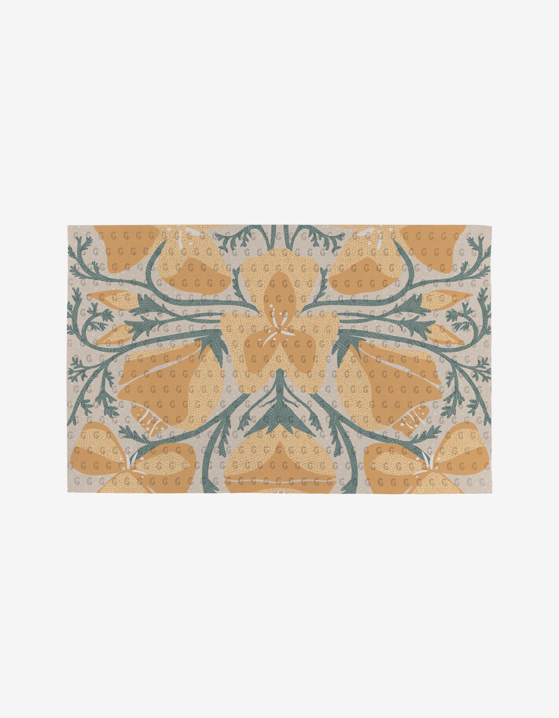 The State Flowers rug by Julianne Haness is a reusable, rectangular piece featuring large yellow strawberries, green leaves, and decorative dots on a beige background—a stylish and eco-friendly home decor choice.
