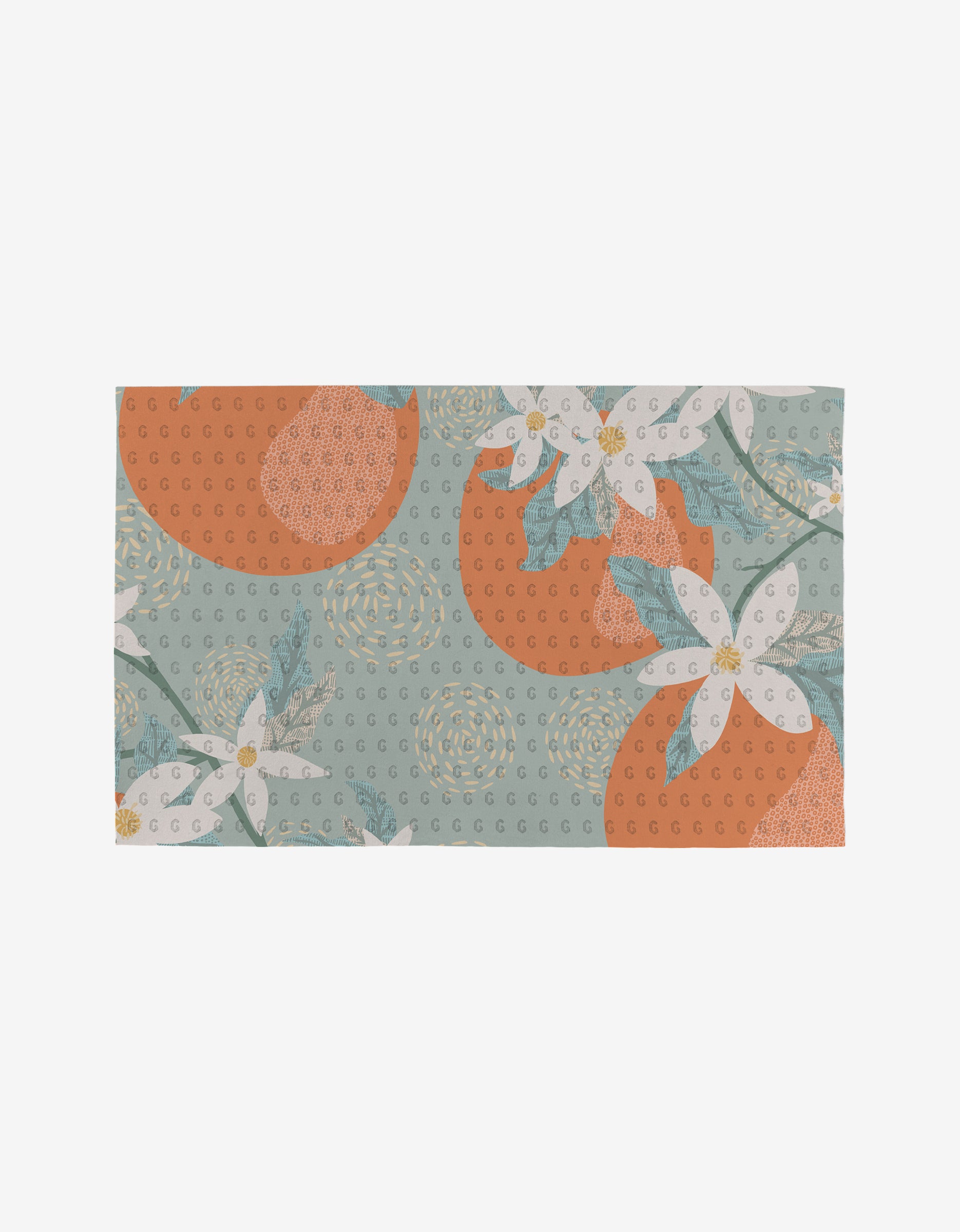 The State Flowers mat by Julianne Haness is a rectangular, eco-friendly option with large orange circles, white flowers, green leaves, and dotted accents on light blue—perfect as reusable Not Paper Towels for daily use.