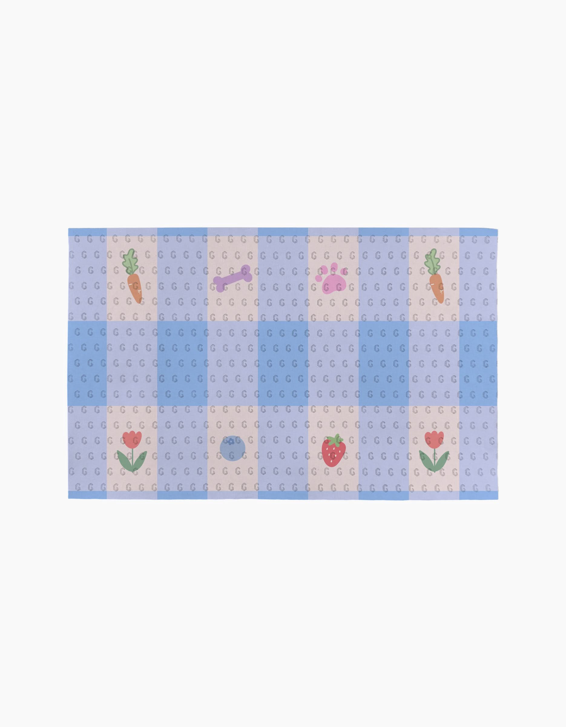 Summer Picnic Dreams by Letters By Shells is a rectangular pastel mat with a blue and beige checkered pattern, featuring small carrot, tulip, strawberry, dog bone, and fish illustrations—ideal for your eco-friendly or reusable Not Paper Towels.