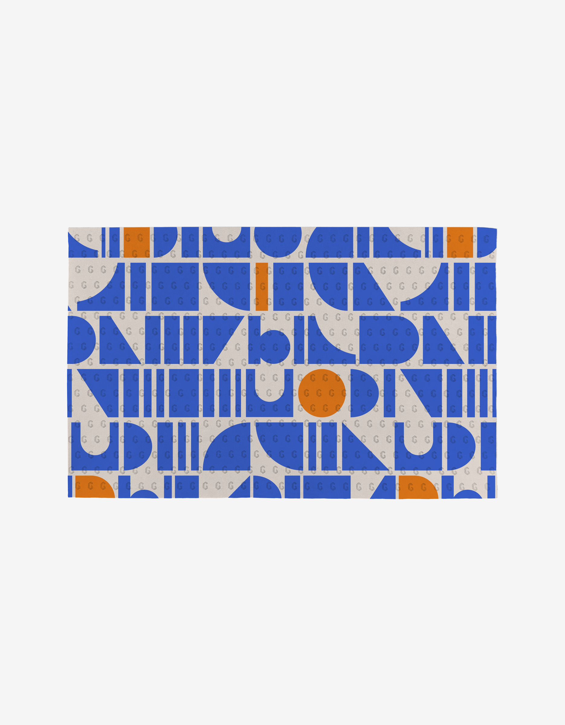 Sun Beam Harmony by Happy Hemera features eco-friendly, non-paper towels with a seamless white background and a rectangular pattern of blue, orange, and beige geometric shapes—circles, rectangles, and lines.