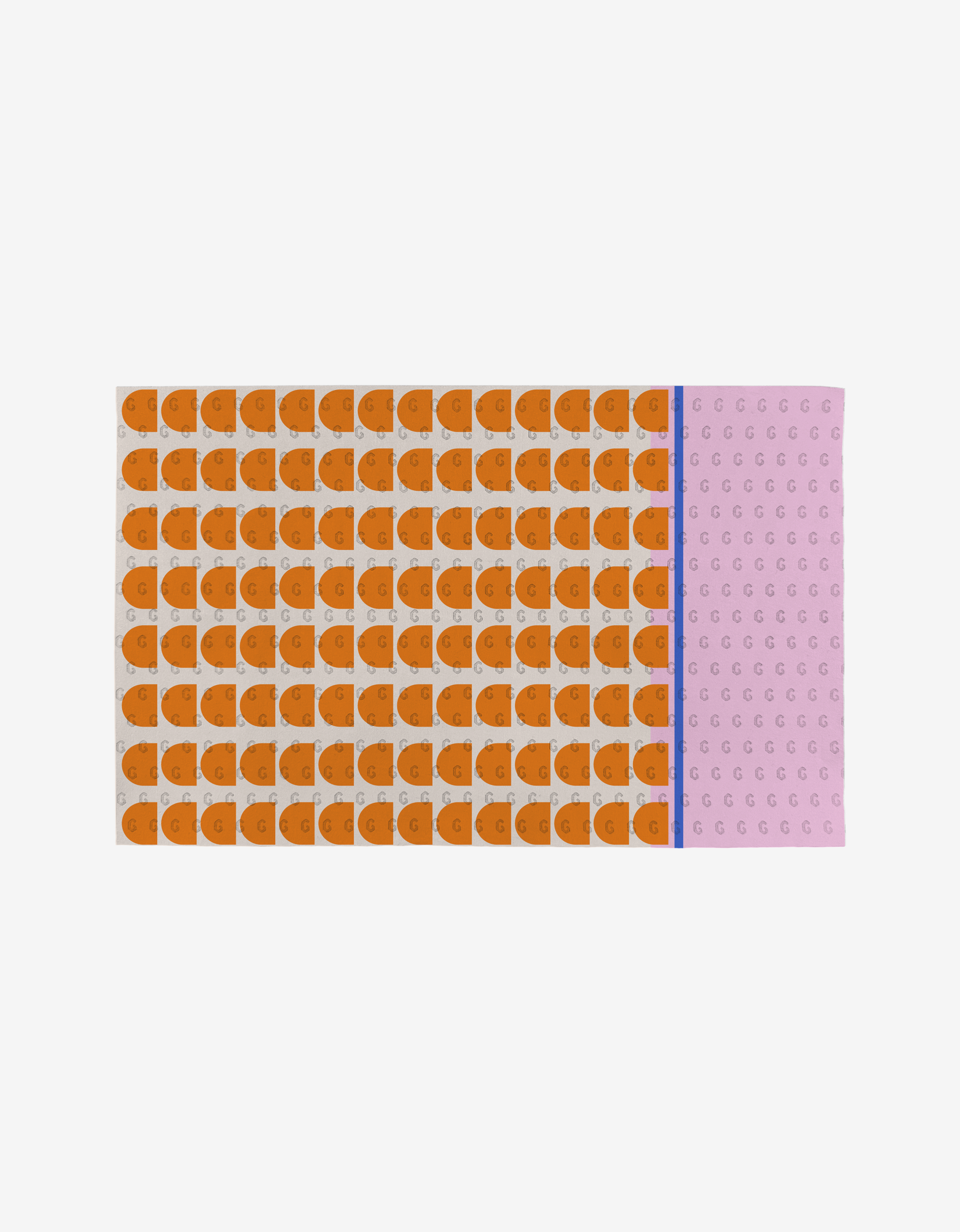 The Sun Beam Harmony by Happy Hemera is an eco-friendly rectangular towel featuring orange cartoon cat faces on the left, purple Gs on the right, separated by a thin blue stripe—not paper towels.