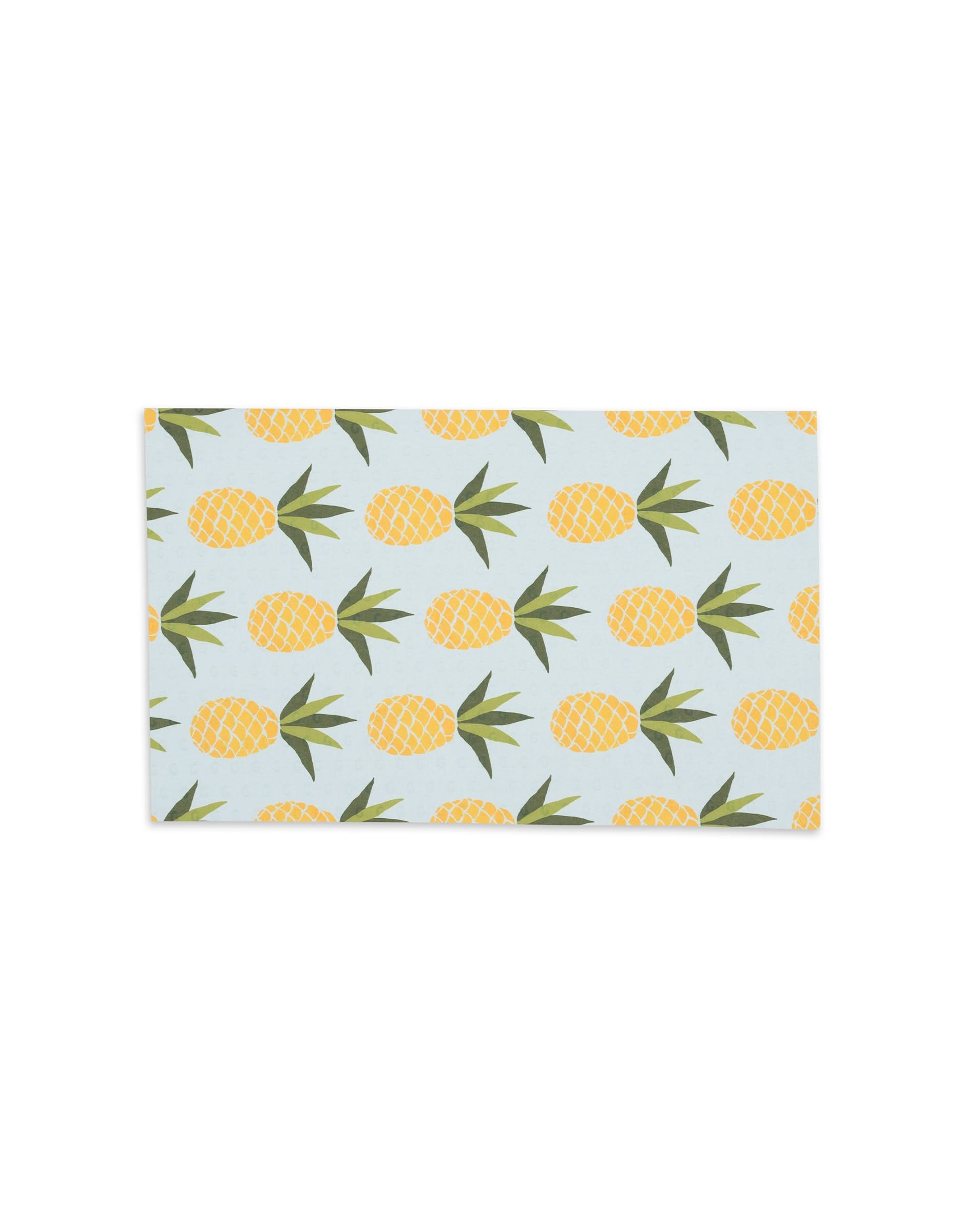 The GEOMETRY Sweet Summer Mix 2 mat is a rectangular, reusable option with a vibrant pattern of yellow pineapples and green leaves on light blue—a stylish, eco-friendly choice for any space.