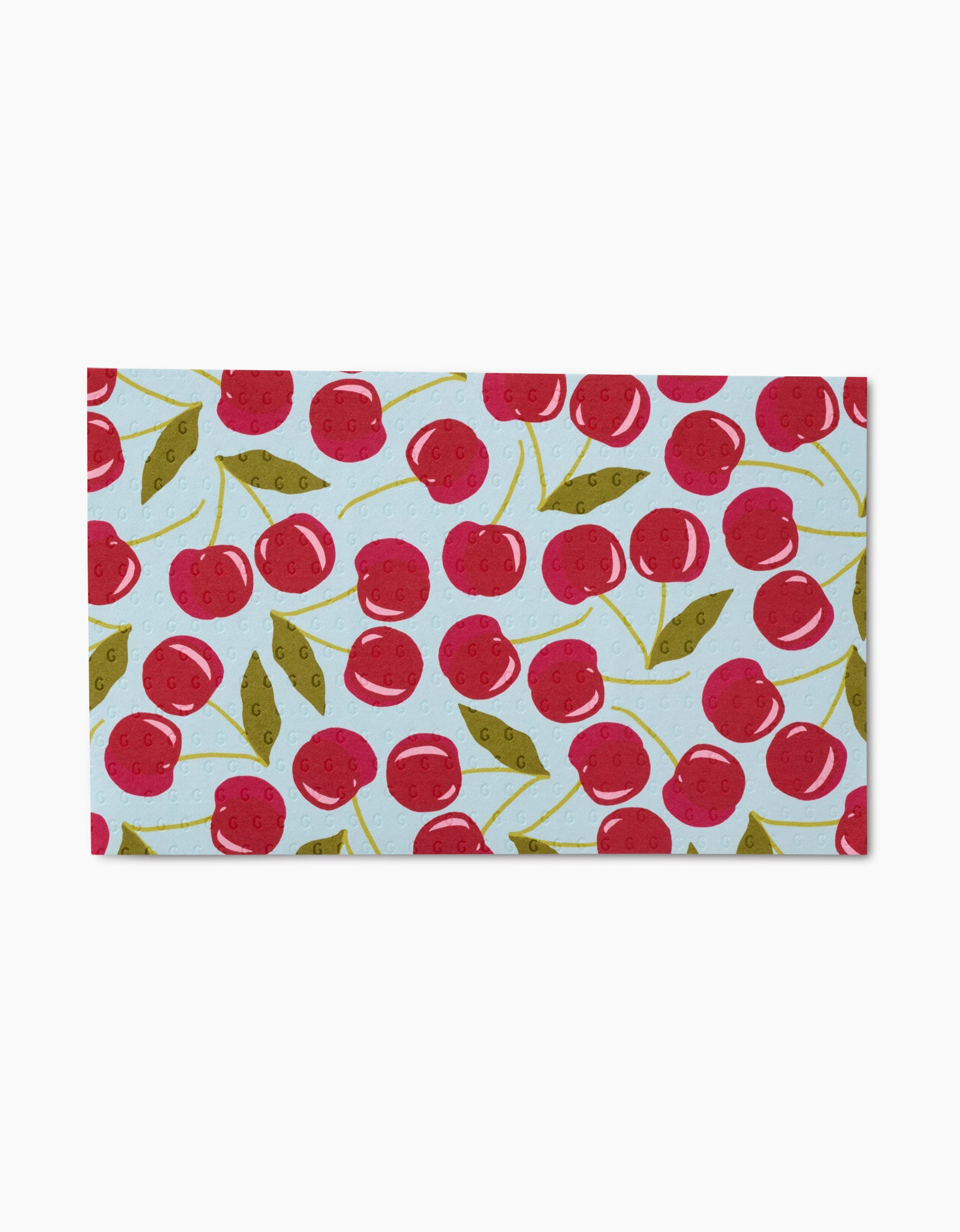 The Sweet Summer Mix 1 Not Paper Towels by GEOMETRY features a scattered, repeating pattern of red cherries with green leaves on a light blue background, all on environmentally friendly material.