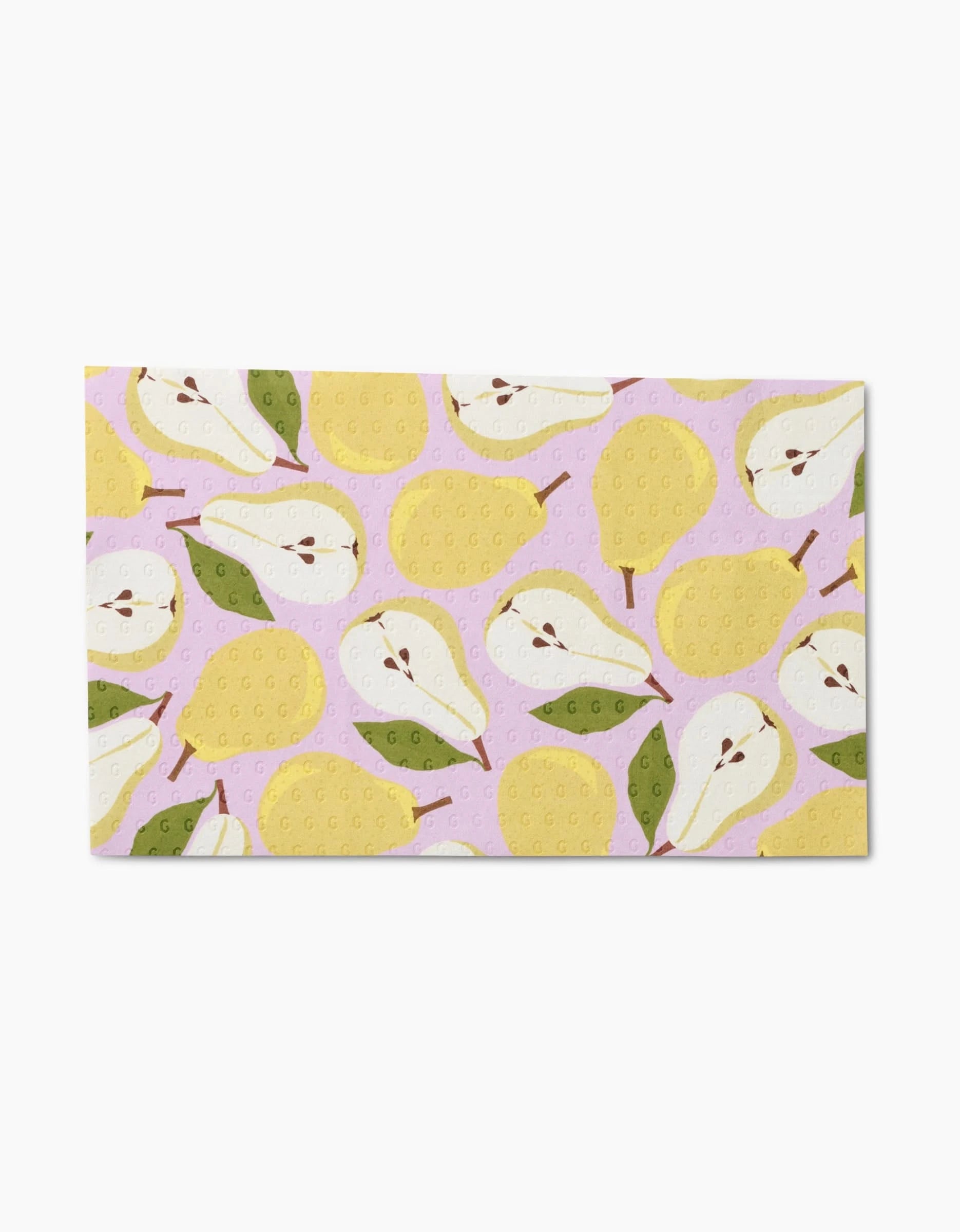 The GEOMETRY Sweet Summer Mix 1 mat features whole and halved yellow pears with green leaves on a light pink background. Made from eco-friendly materials, its a charming alternative to Not Paper Towels.