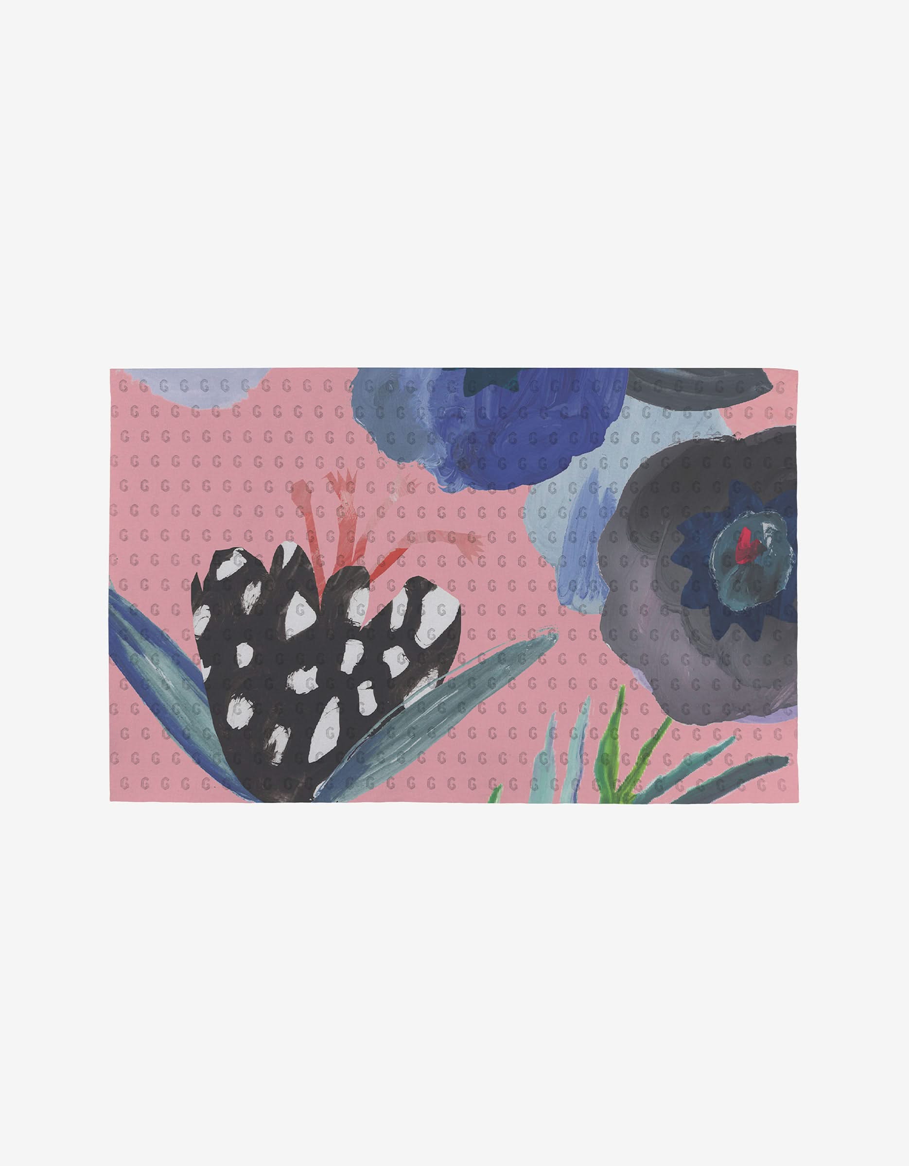 Thinking Of You by GEOMETRY: An abstract painting featuring black, white, and red shapes with large blue and purple flowers on a pink, dotted background—crafted using eco-friendly materials.