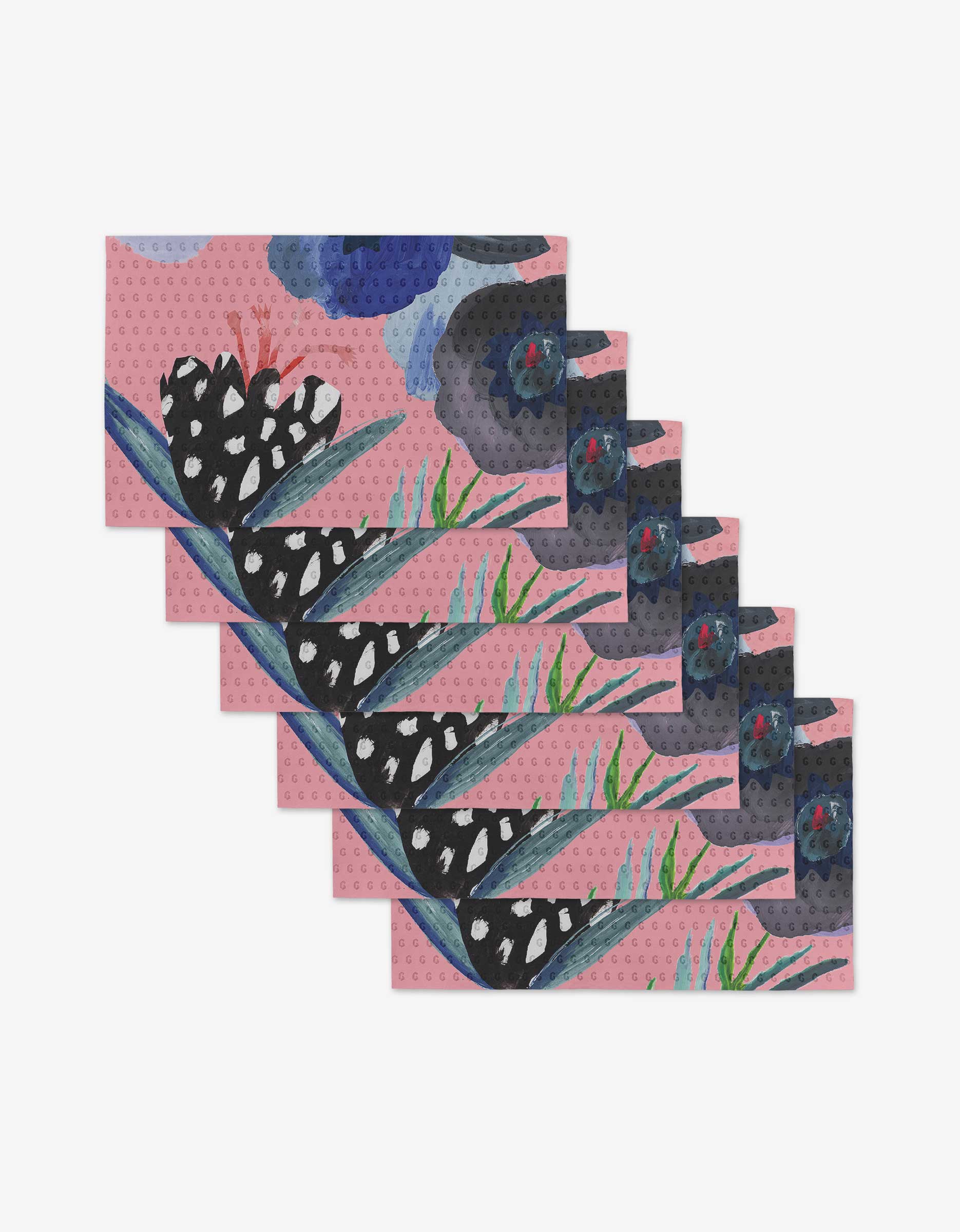 Six Thinking Of You rectangular cards by GEOMETRY, featuring pink backgrounds with abstract black, white, purple, and green floral and leaf designs made from post-consumer recycled materials, are displayed in a staggered arrangement.