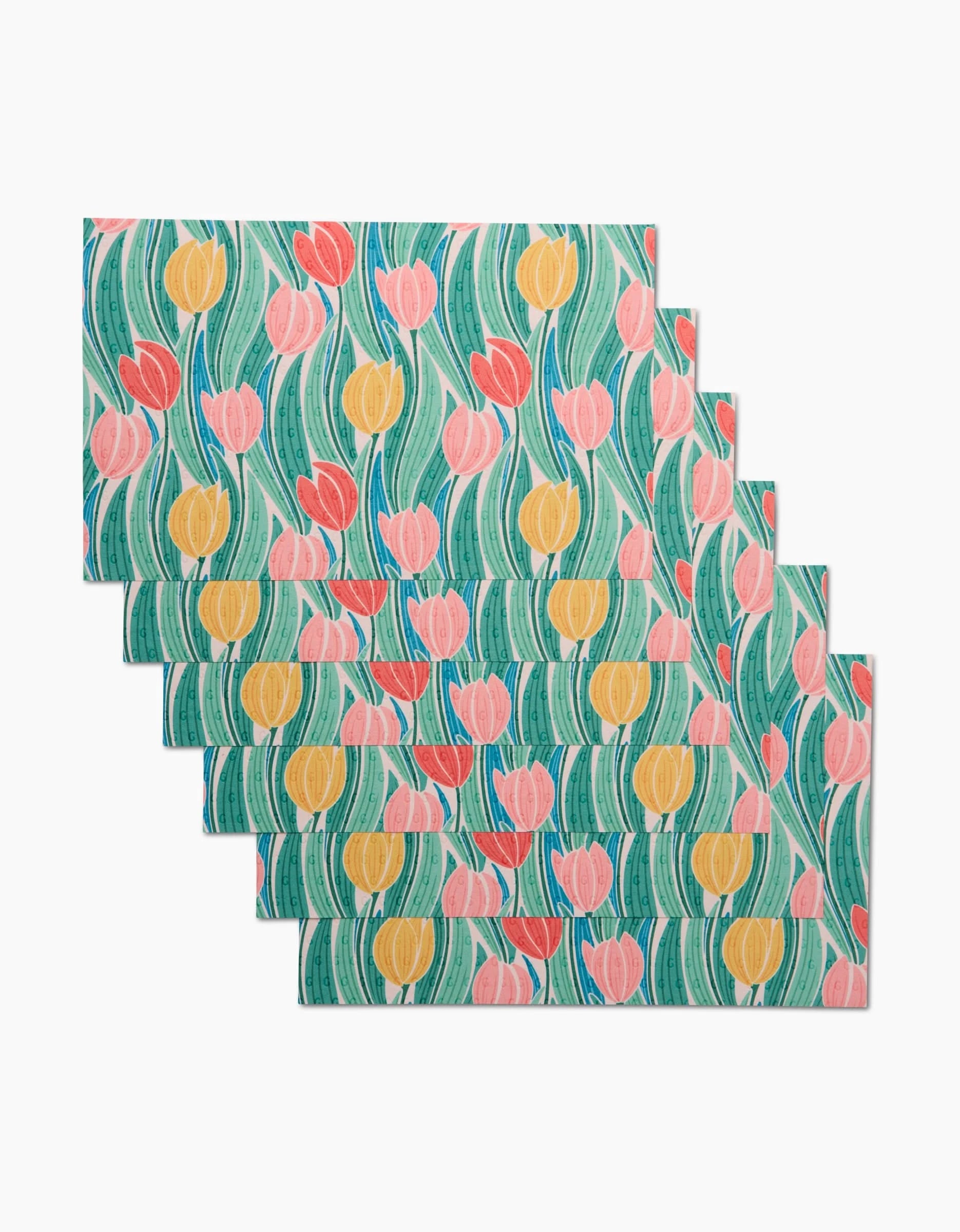 Tranquil Tulips by Sarah Daugherty: eight colorful, reusable rectangular placemats featuring pink, yellow, and red tulips with green leaves—an eco-friendly Not Paper Towels alternative.