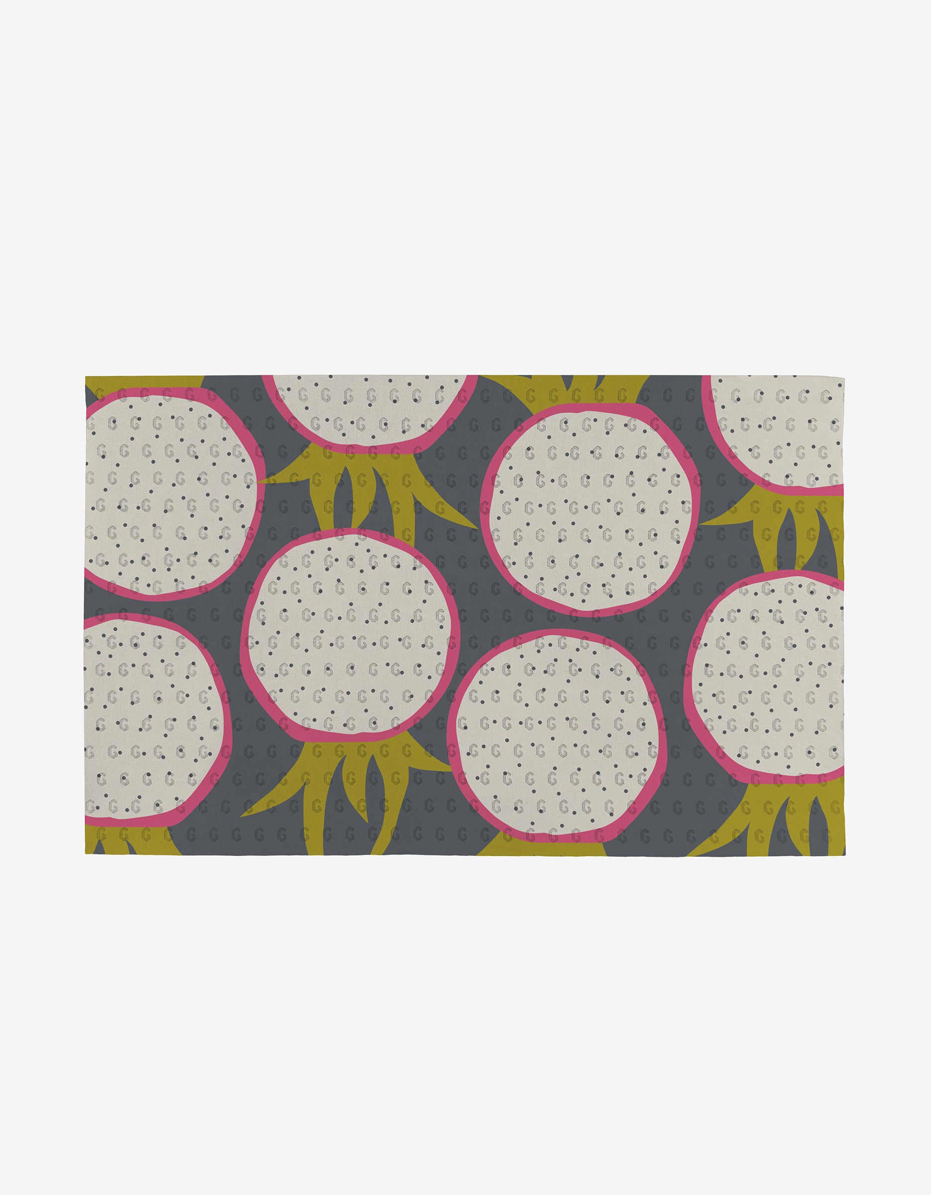 A repeating pattern of dragon fruit slices—white flesh, black seeds, pink edges, green leaves—on a dark gray background. “Tropical Fruit” by Lizzie Clark is an eco-friendly design perfect for Not Paper Towels.