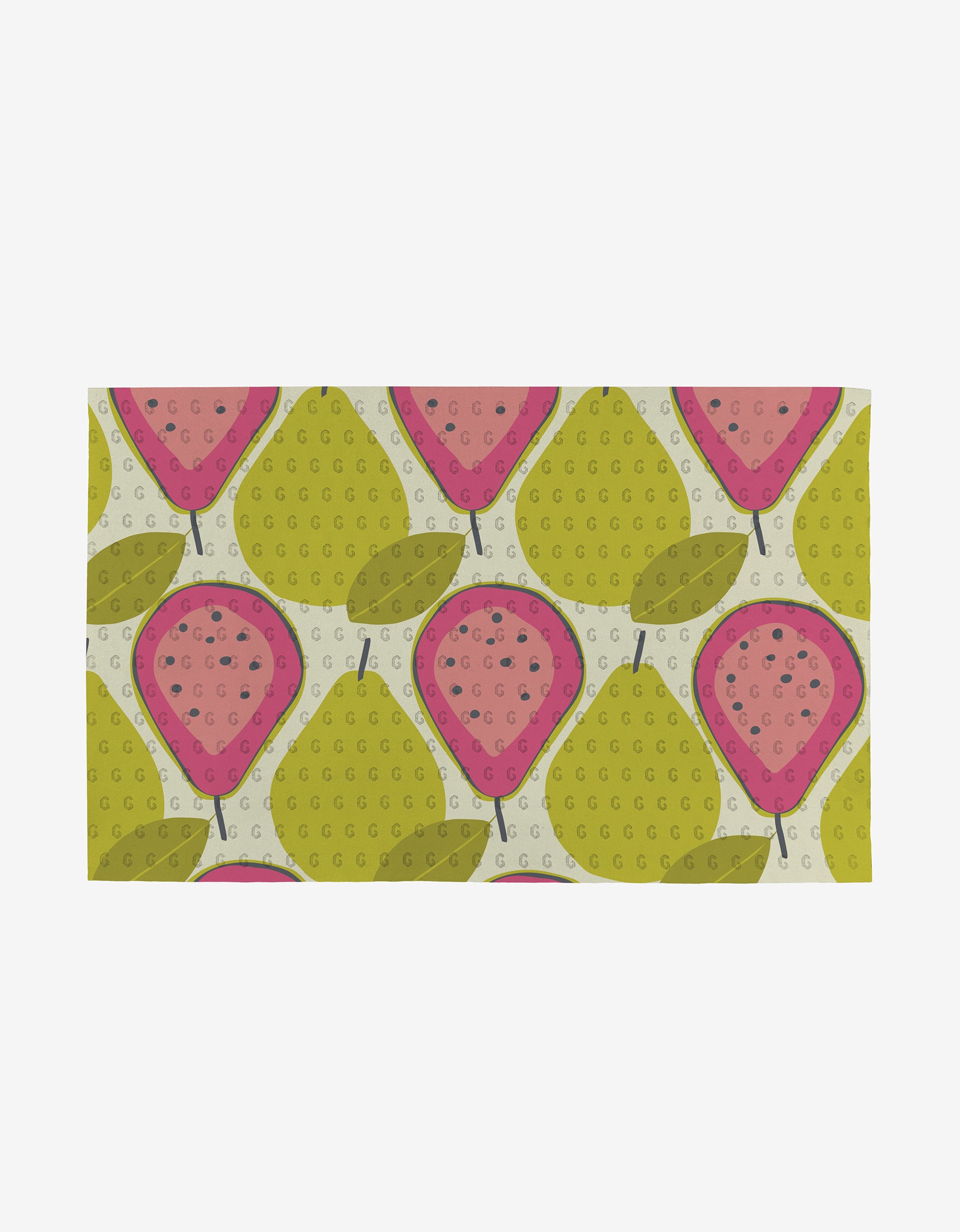 The Tropical Fruit rectangular mat by Lizzie Clark features a playful hand-drawn green and pink pear pattern with simple leaves on a cream background. Made from eco-friendly, post-consumer recycled materials—not paper towels.