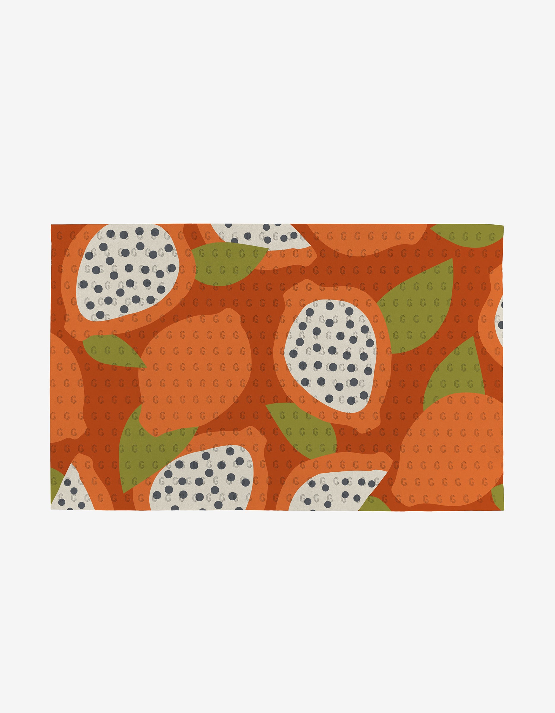 The Tropical Fruit rectangular mat by Lizzie Clark showcases orange, green, and white abstract fruit slices on an orange background—crafted from eco-friendly post-consumer recycled materials.