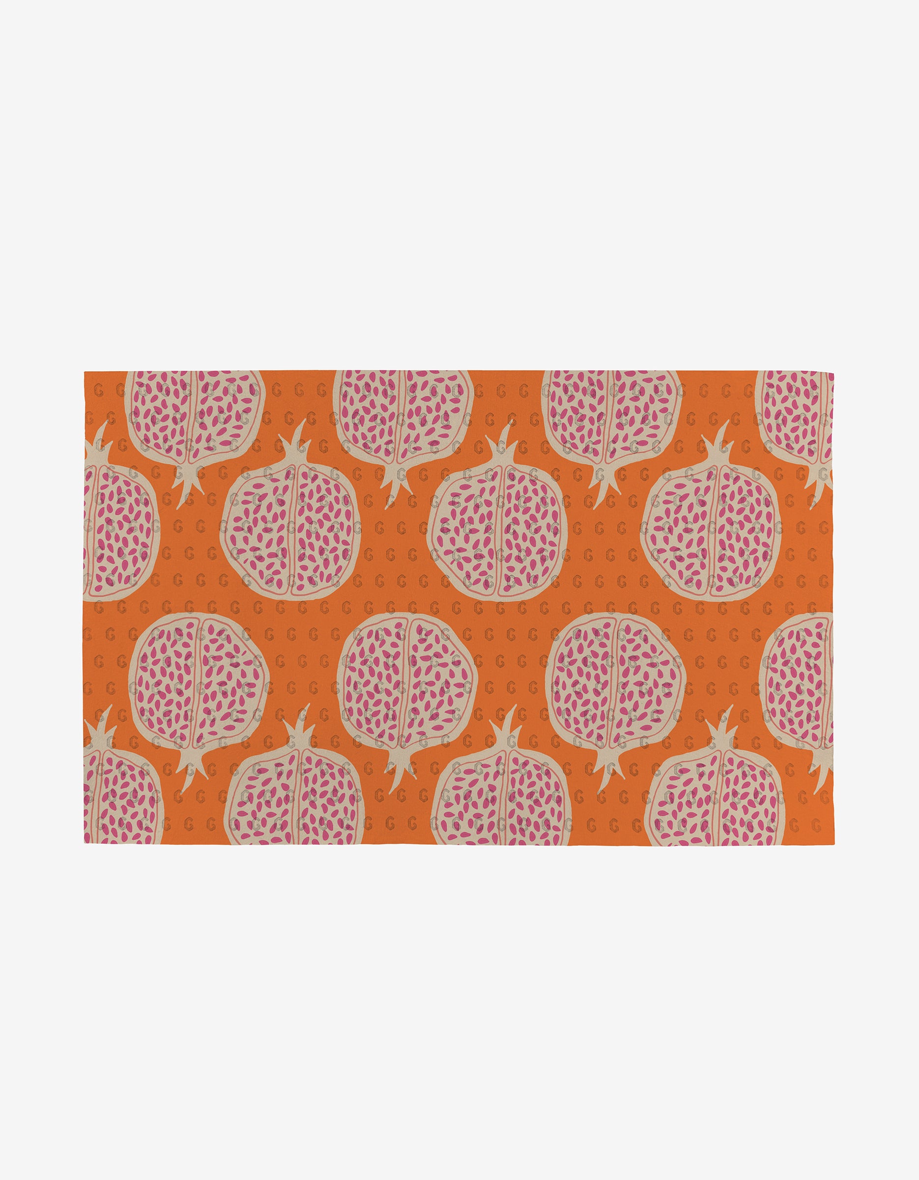 The Tropical Fruit Not Paper Towel by Lizzie Clark is an orange rectangle with evenly spaced whole and halved pomegranates, pink seeds, and beige outlines. Its made from environmentally friendly materials.